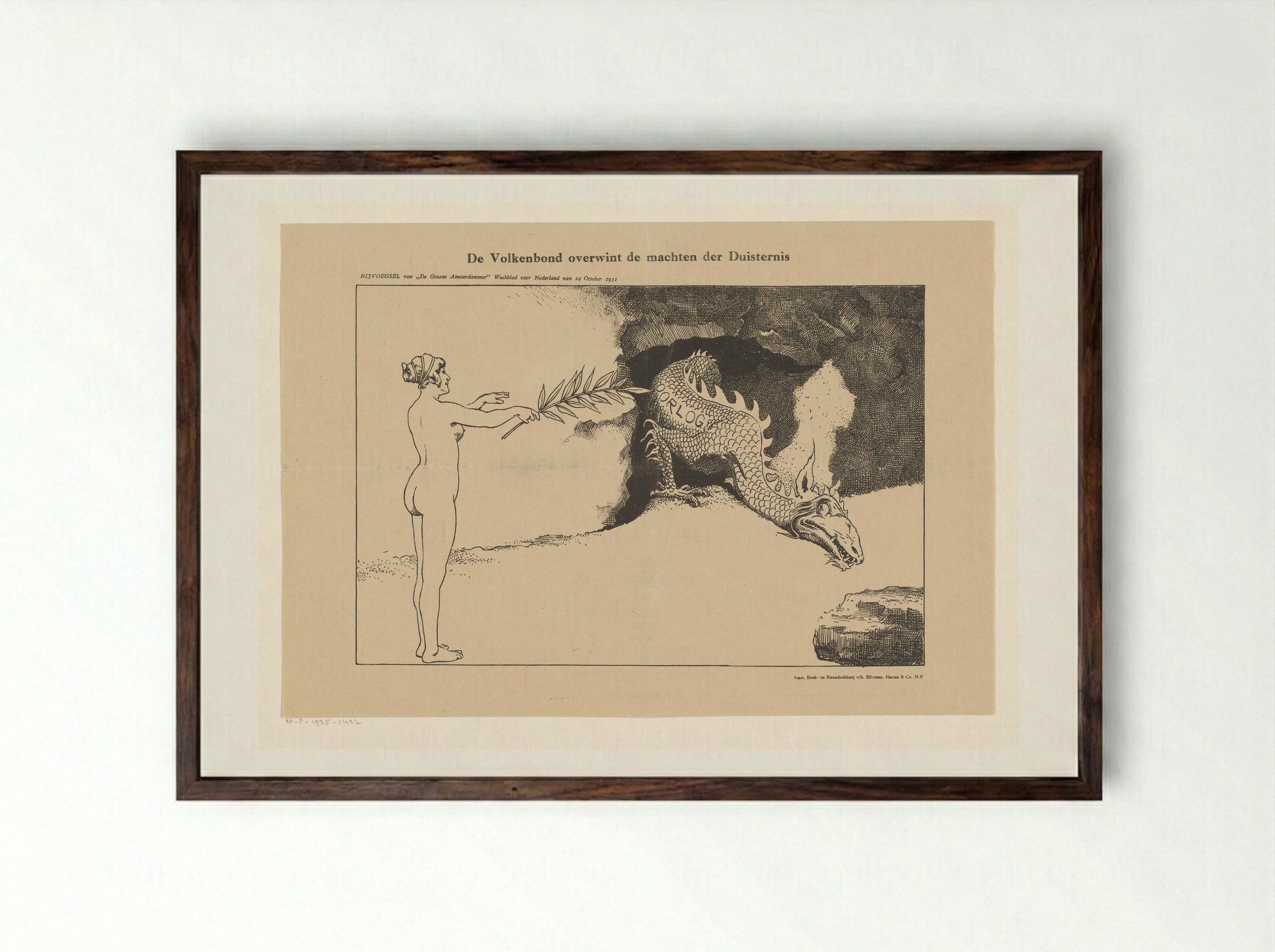 De Volkenbond overwint de machten der duisternis - Johan Braakensiek - Framed Print Dark Wood