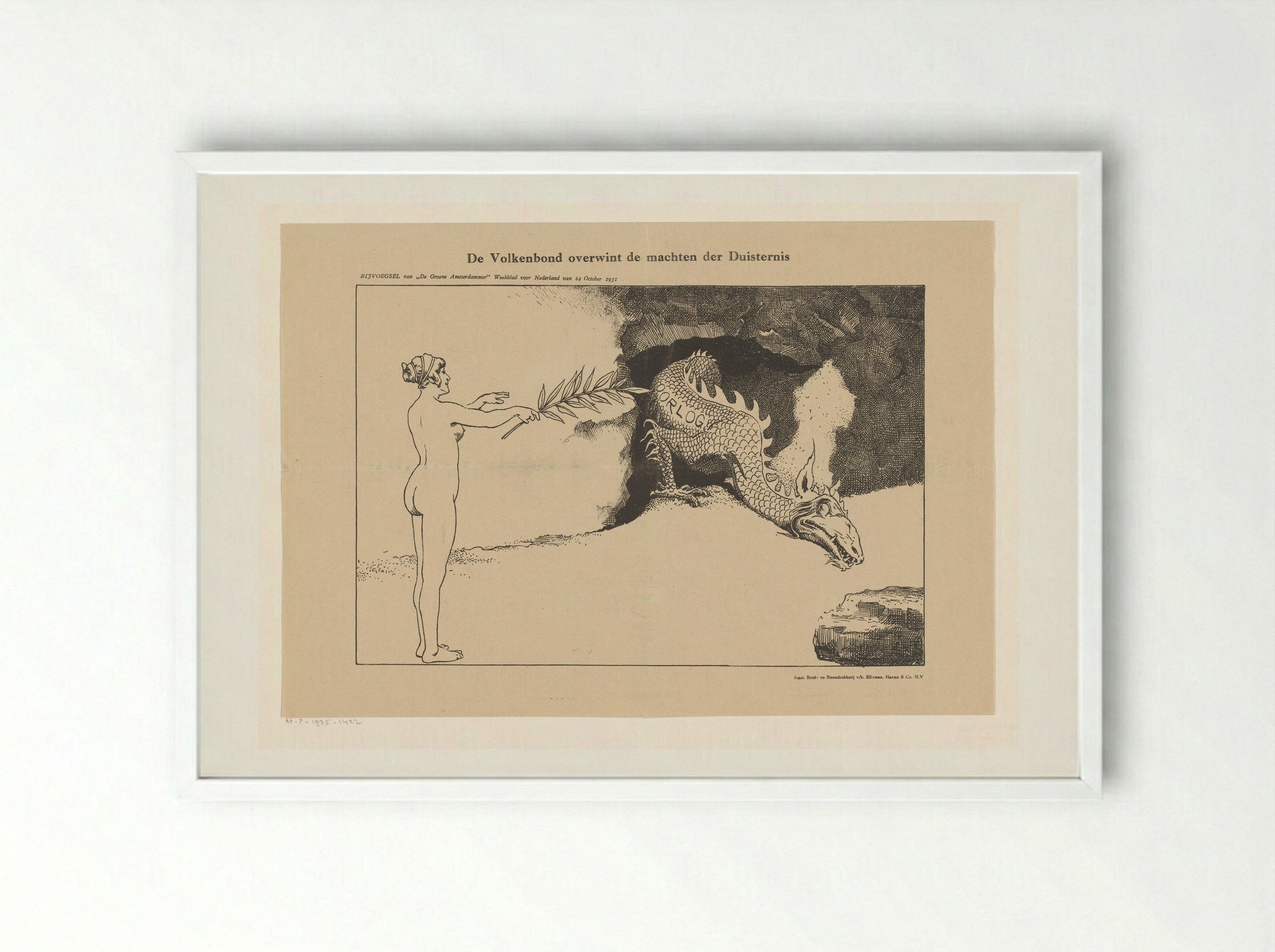 De Volkenbond overwint de machten der duisternis - Johan Braakensiek - Framed Print White