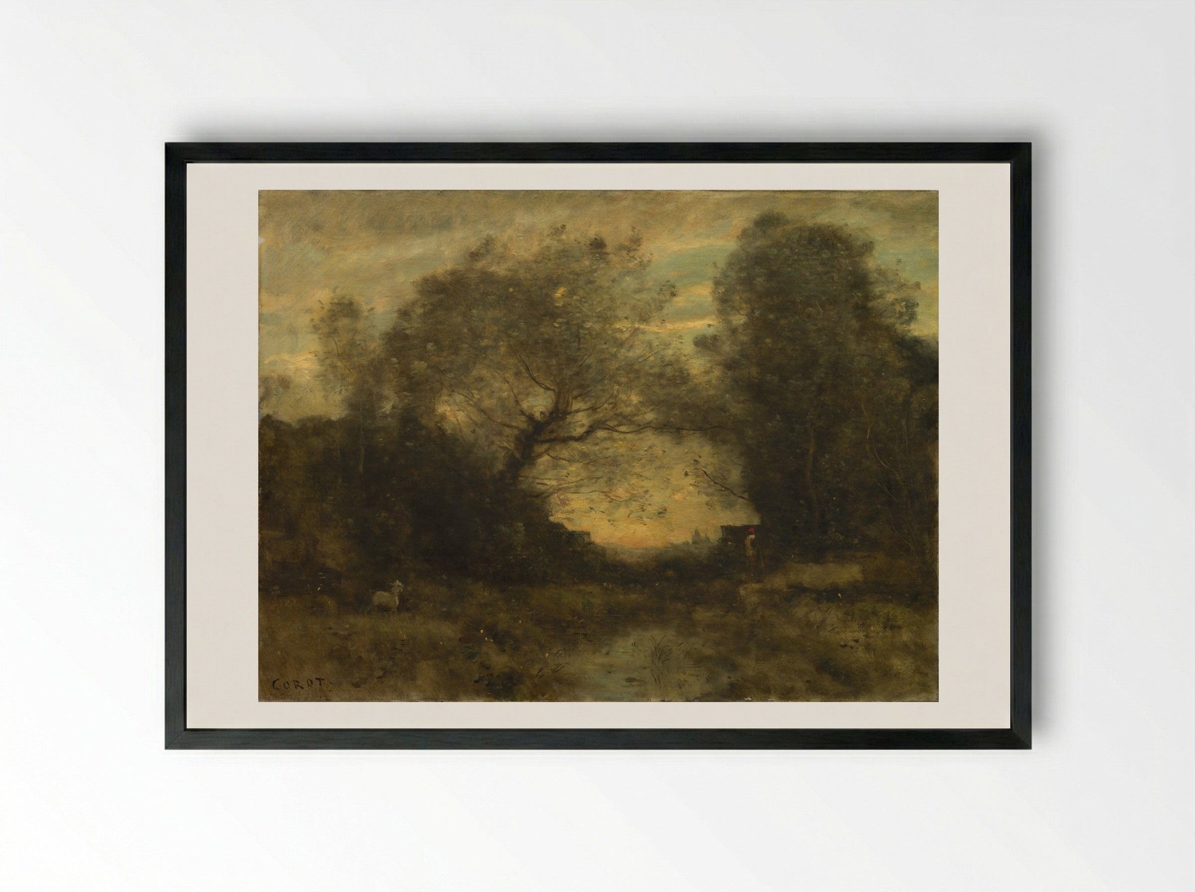 The Pond at the Entrance of the Woods - Jean-Baptiste-Camille Corot - Framed Print Black