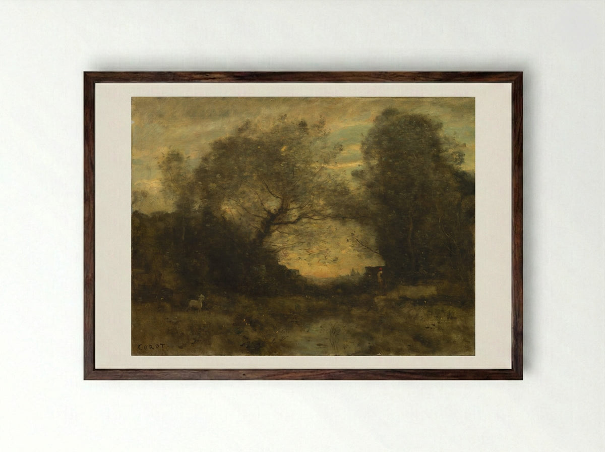 The Pond at the Entrance of the Woods - Jean-Baptiste-Camille Corot - Framed Print Dark Wood