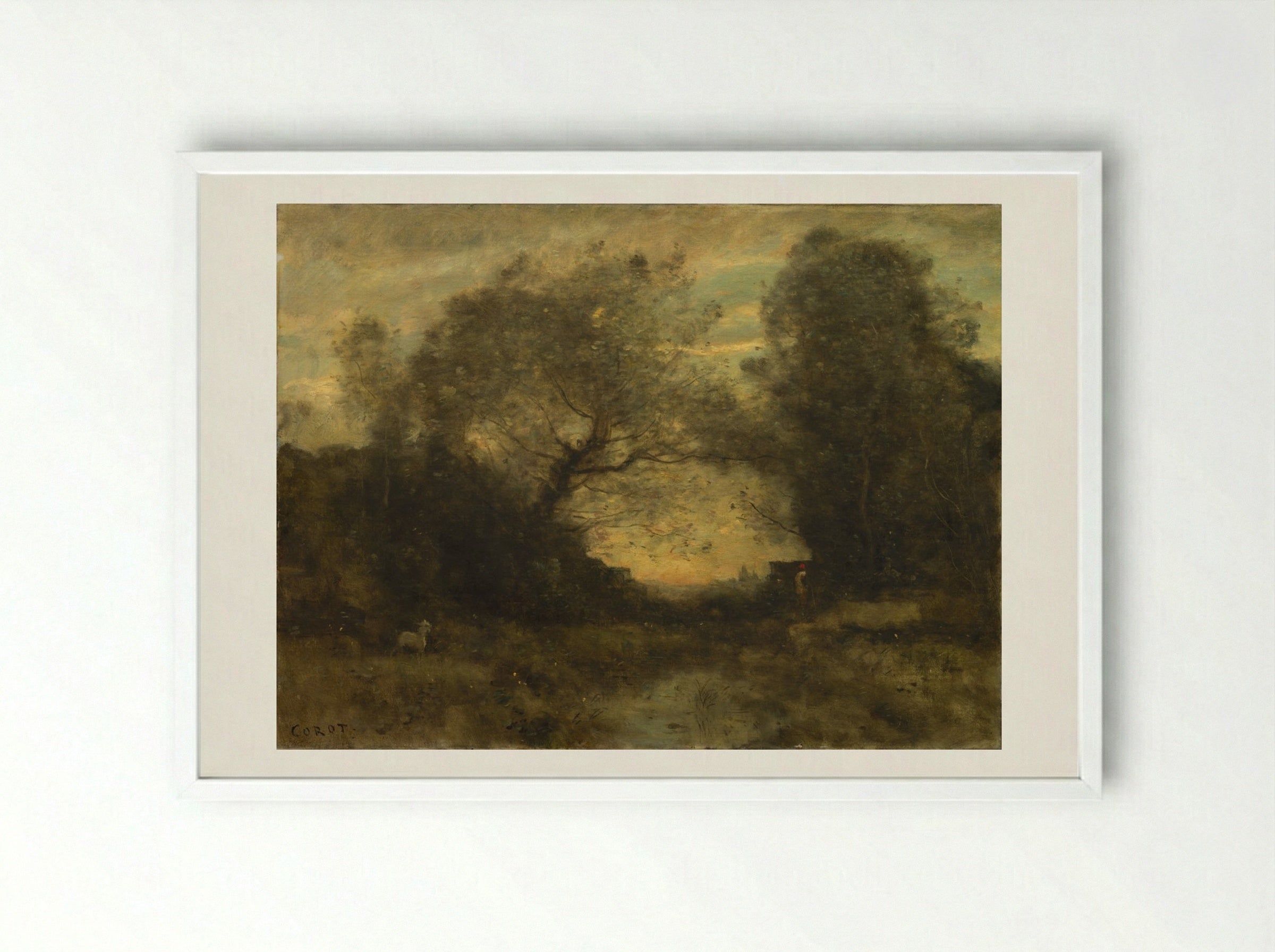 The Pond at the Entrance of the Woods - Jean-Baptiste-Camille Corot - Framed Print White