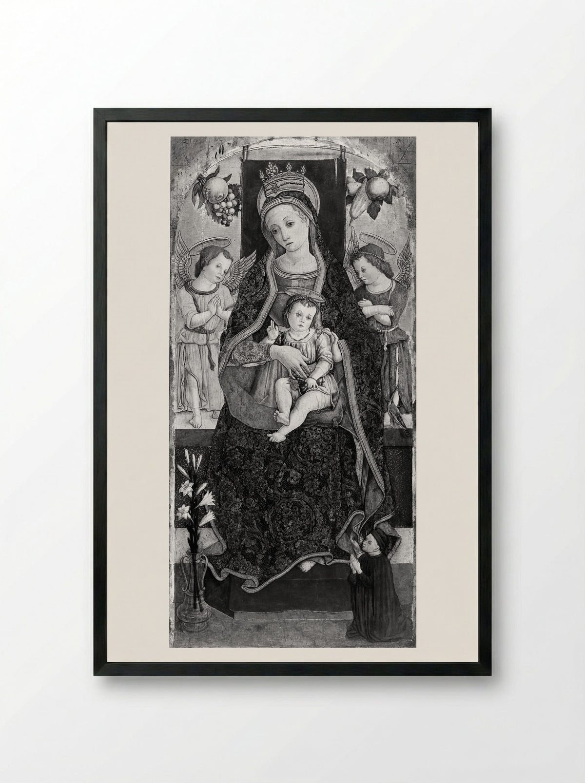 Madonna and Child Enthroned with Two Angels and a Donor - Vittore Crivelli - Framed Print Black