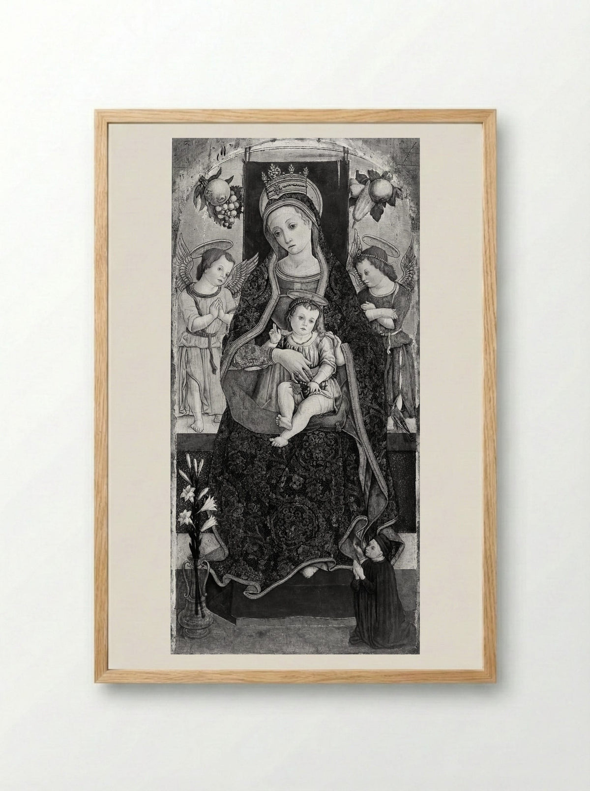 Madonna and Child Enthroned with Two Angels and a Donor - Vittore Crivelli - Framed Print Wood