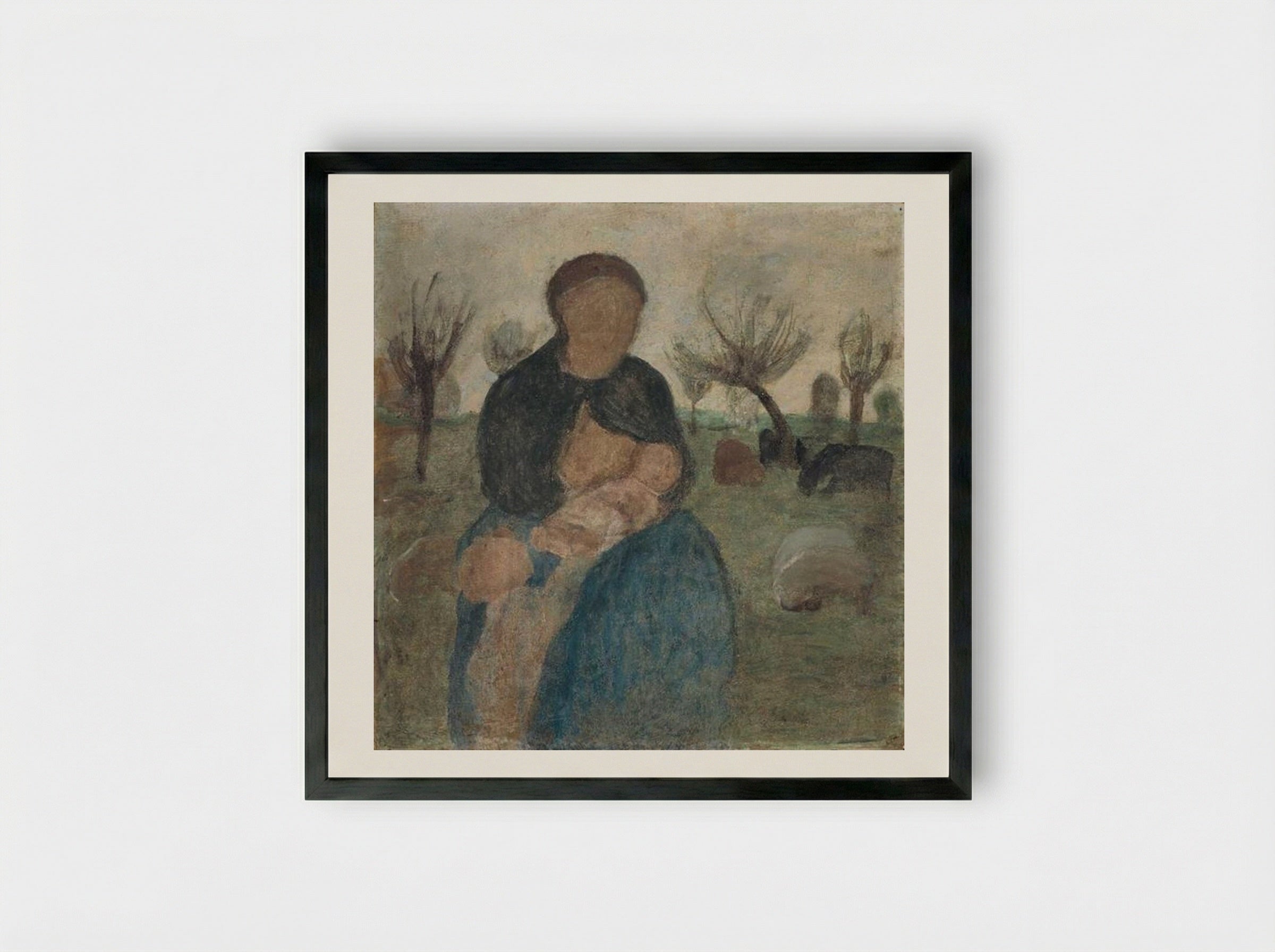 Mother with baby at her breast, and child in landscape - Paula Modersohn-Becker - Framed Print Black