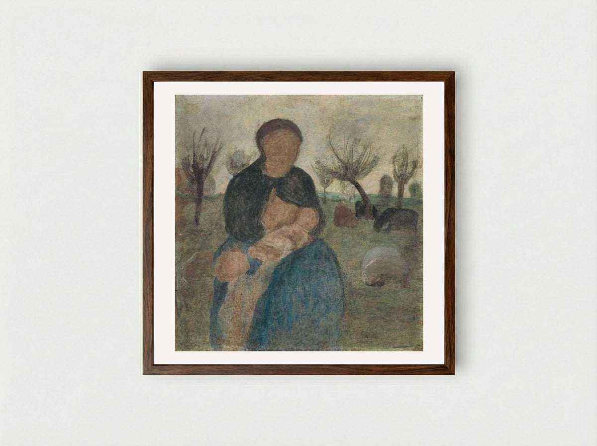 Mother with baby at her breast, and child in landscape - Paula Modersohn-Becker - Framed Print Dark Wood