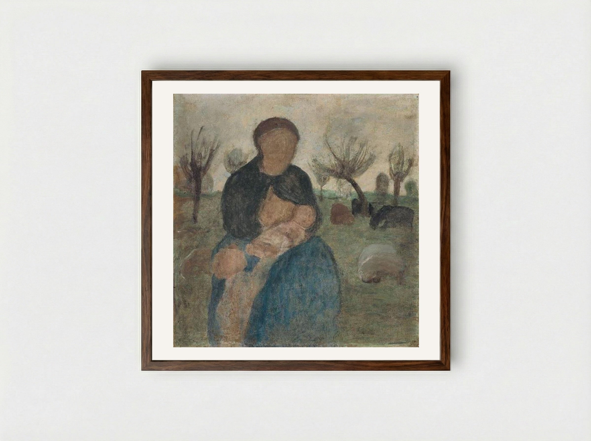 Mother with baby at her breast, and child in landscape - Paula Modersohn-Becker - Framed Print Dark Wood