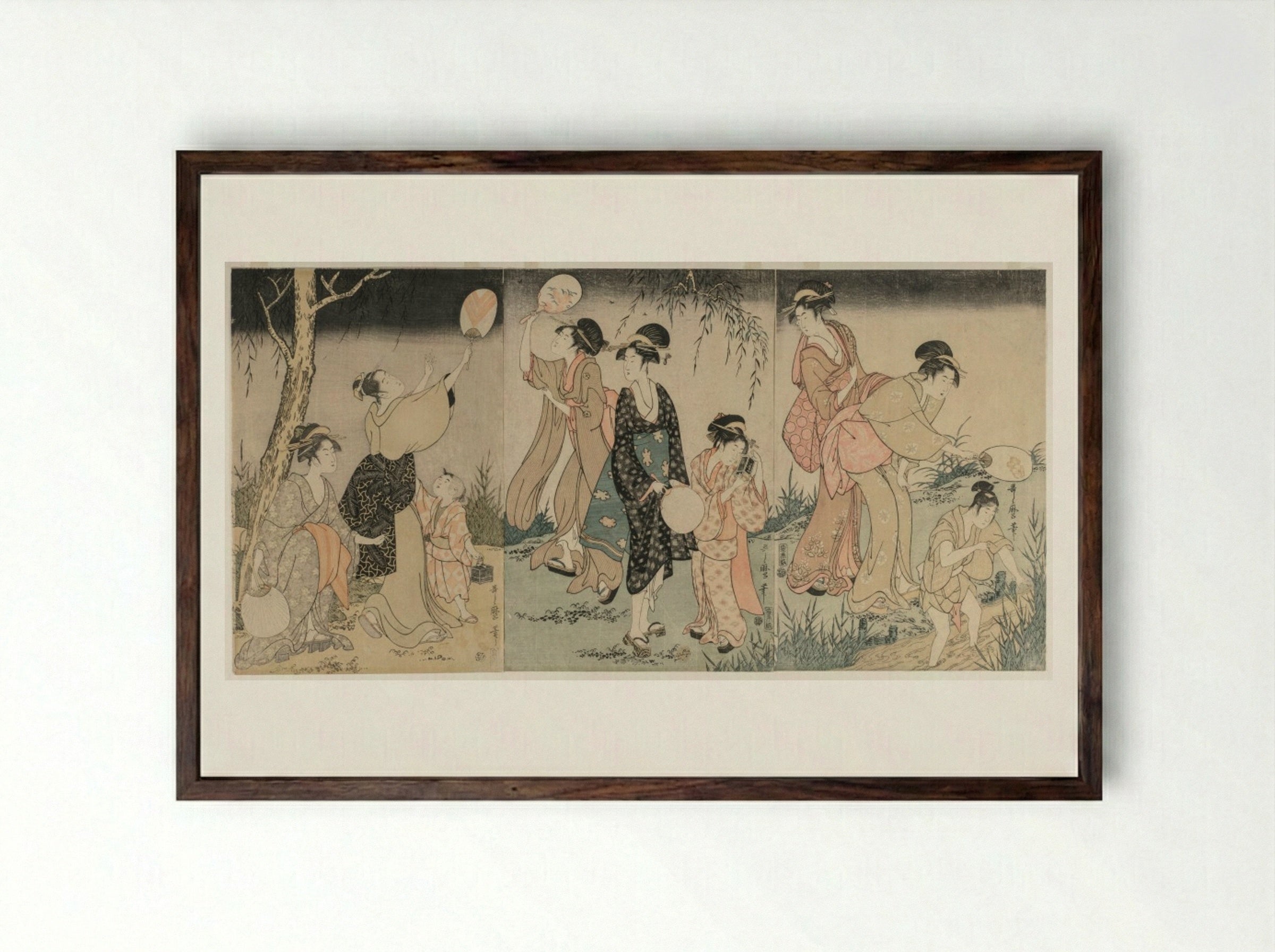 Catching Fireflies - Kitagawa Utamaro - Framed Print Dark Wood