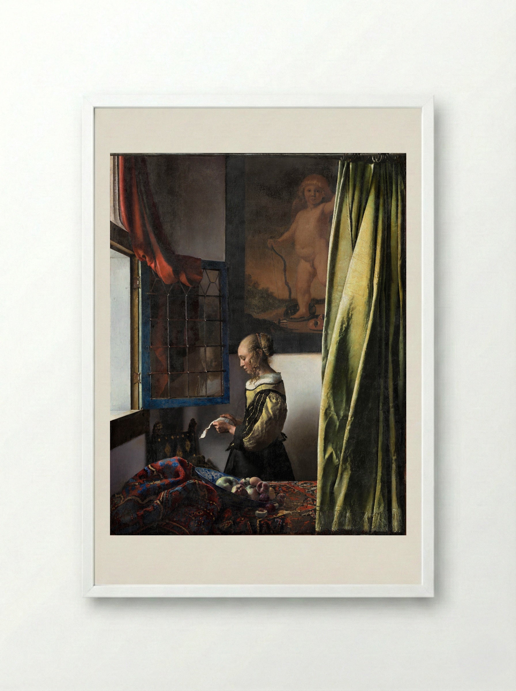Girl Reading a Letter at an Open Window - Johannes Vermeer - Framed Print White