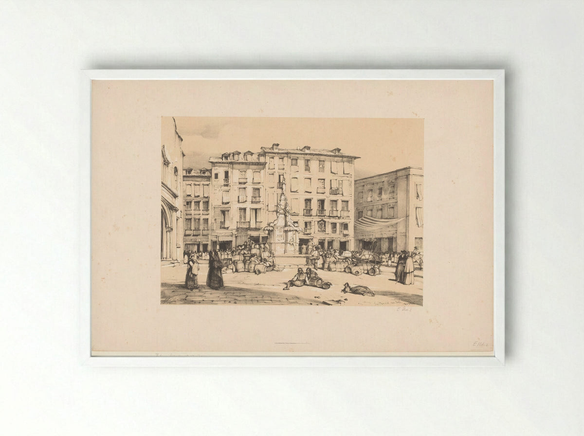 Schetsen van een reis naar Spanje: Puerta del Sol, te Madrid - John Frederick Lewis - Framed Print White