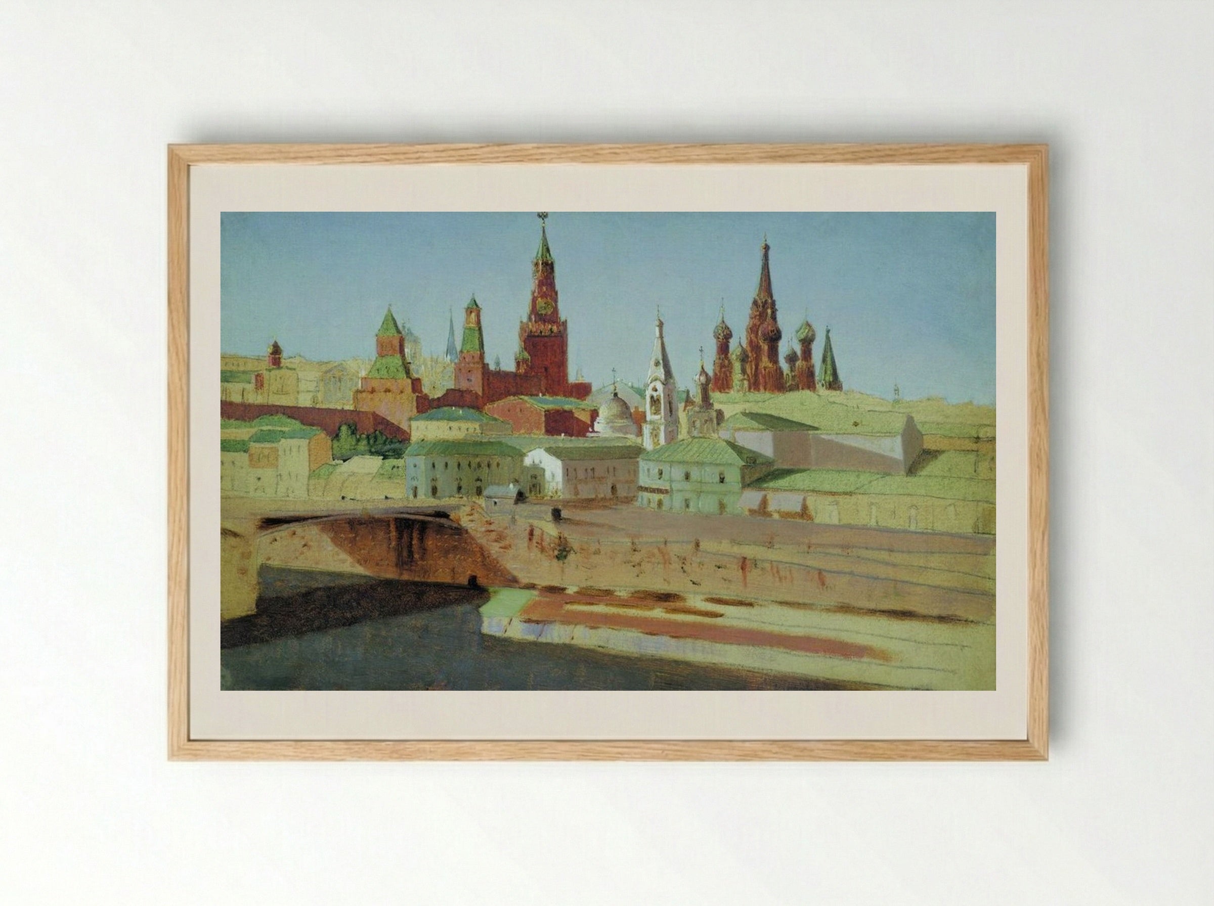 View of the Moskvoretsky Bridge, the Kremlin and the Pokrovsky Cathedral - Arkhip Kuindzhi - Framed Print Wood