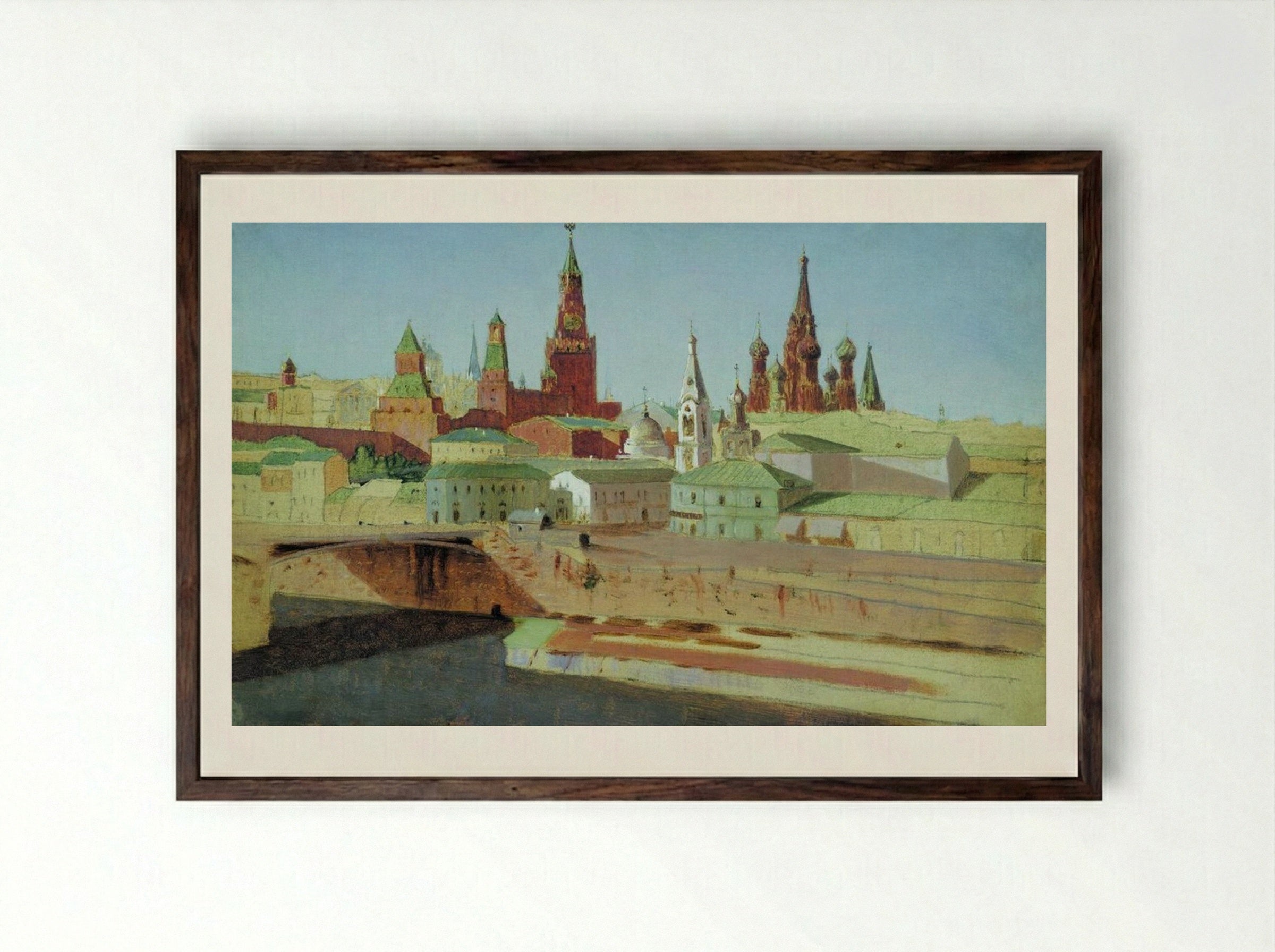 View of the Moskvoretsky Bridge, the Kremlin and the Pokrovsky Cathedral - Arkhip Kuindzhi - Framed Print Dark Wood