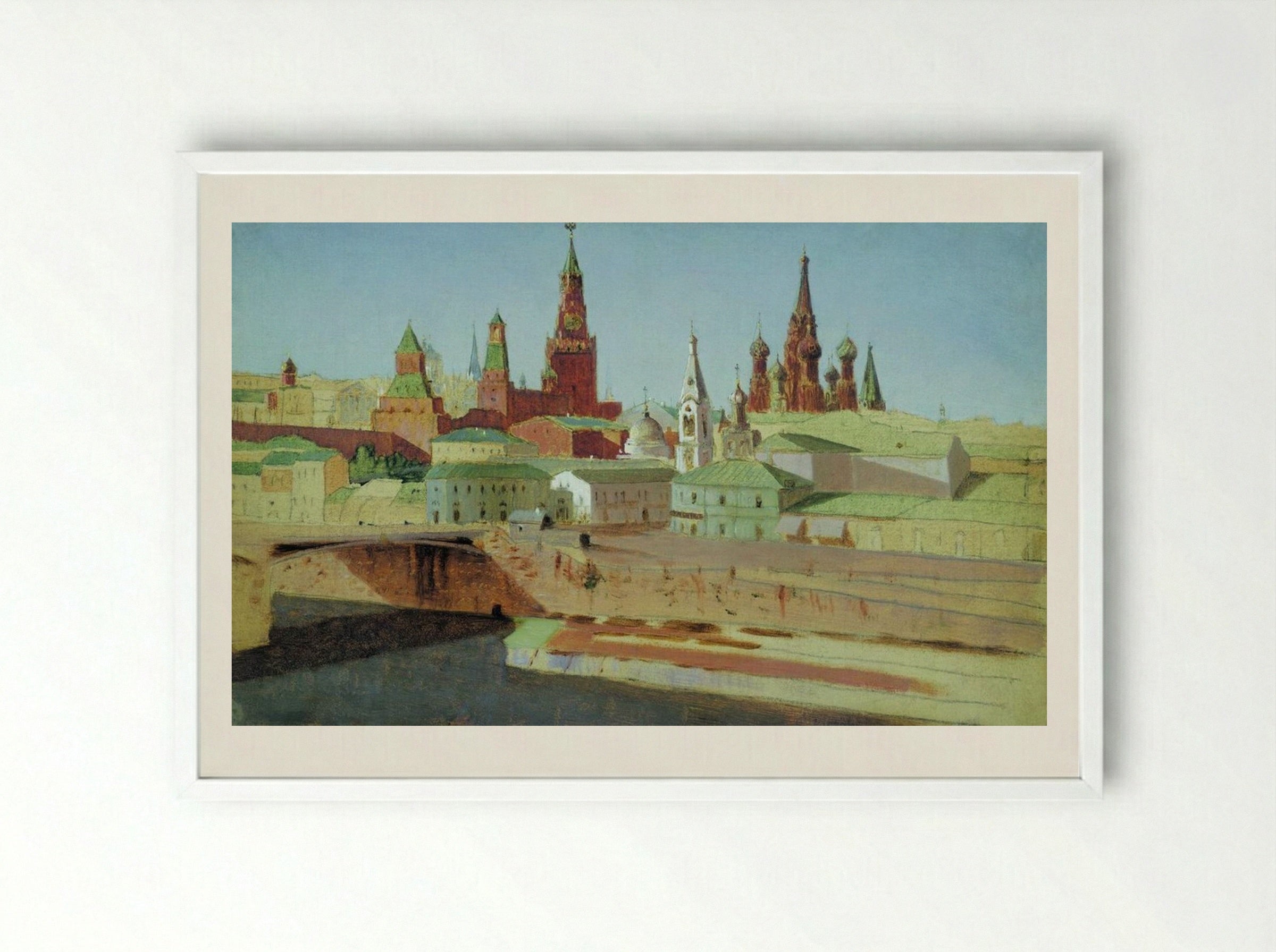 View of the Moskvoretsky Bridge, the Kremlin and the Pokrovsky Cathedral - Arkhip Kuindzhi - Framed Print White