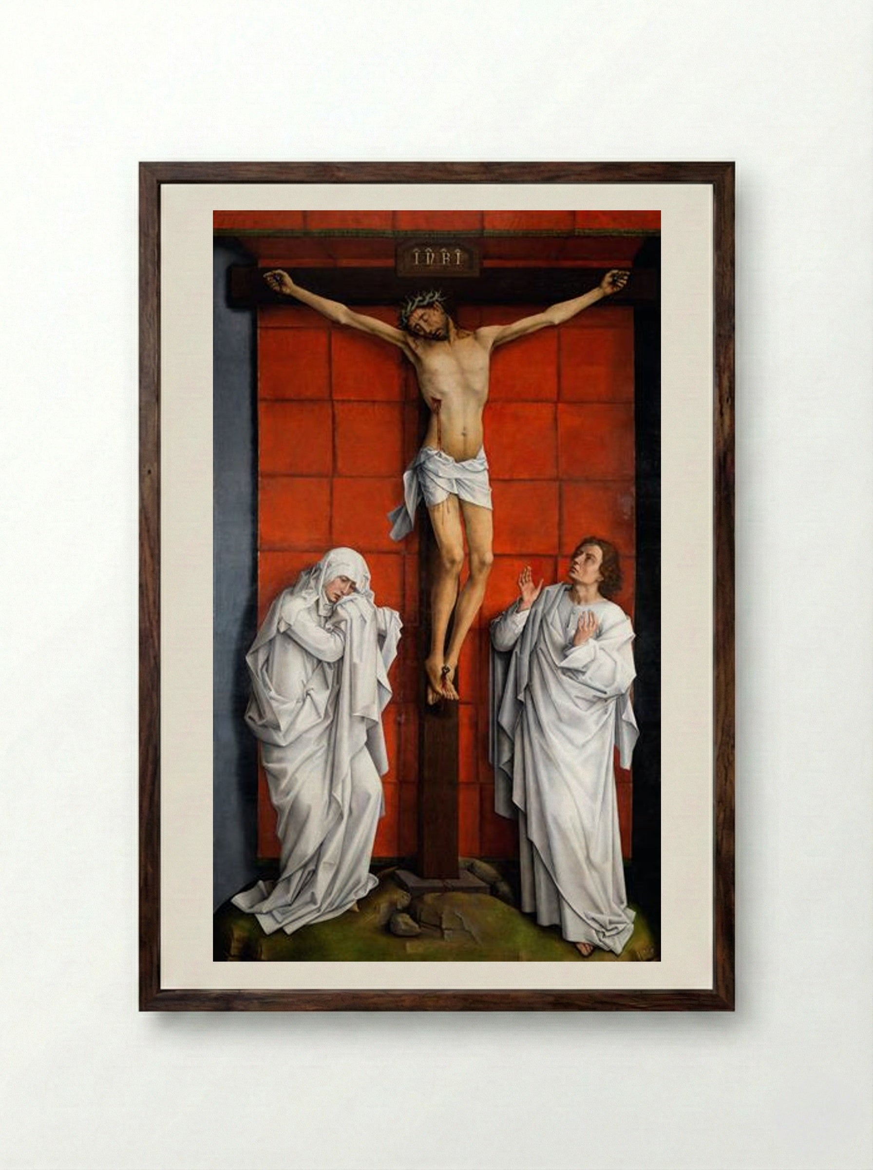 Crucifixion with the Virgin and Saint John the Evangelist - Rogier van der Weyden - Framed Print Dark Wood