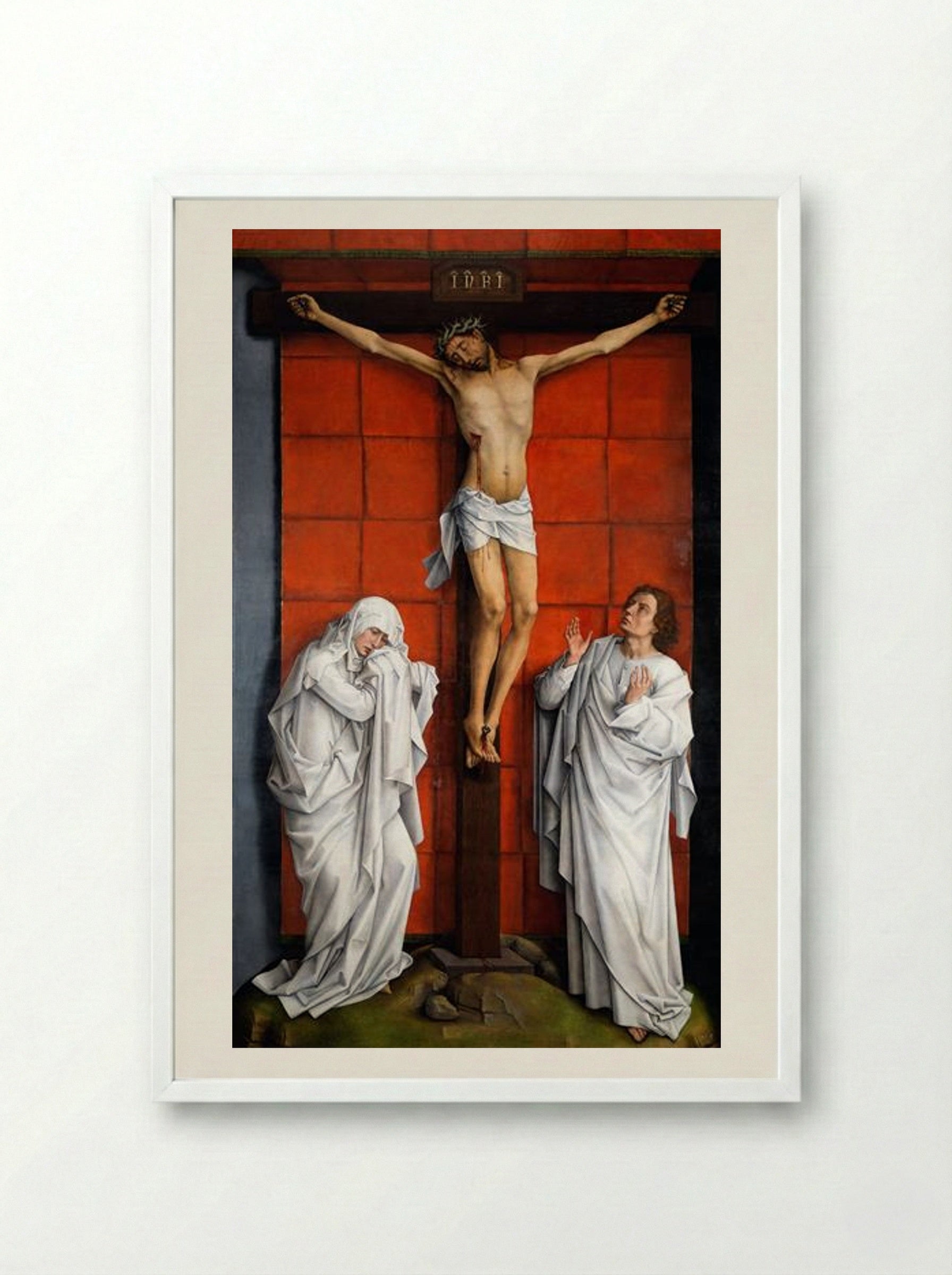 Crucifixion with the Virgin and Saint John the Evangelist - Rogier van der Weyden - Framed Print White