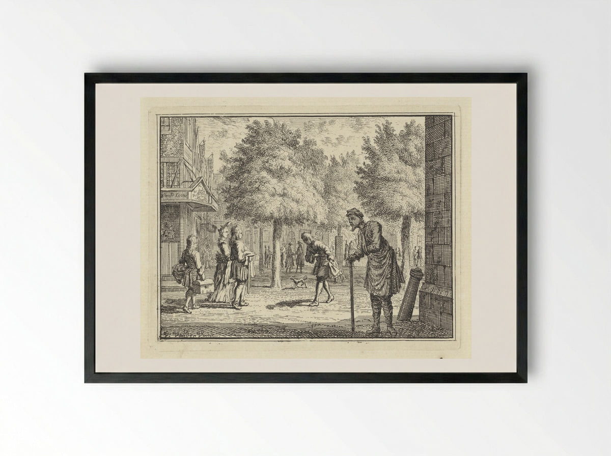 Arme man kijkt naar rijke figuren in een straat - Vincent Laurensz. van der Vinne (II) - Framed Print Black