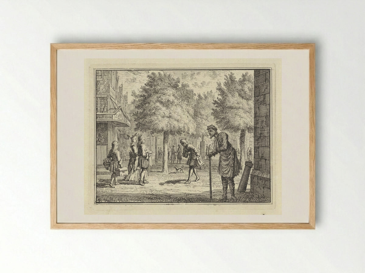 Arme man kijkt naar rijke figuren in een straat - Vincent Laurensz. van der Vinne (II) - Framed Print Wood