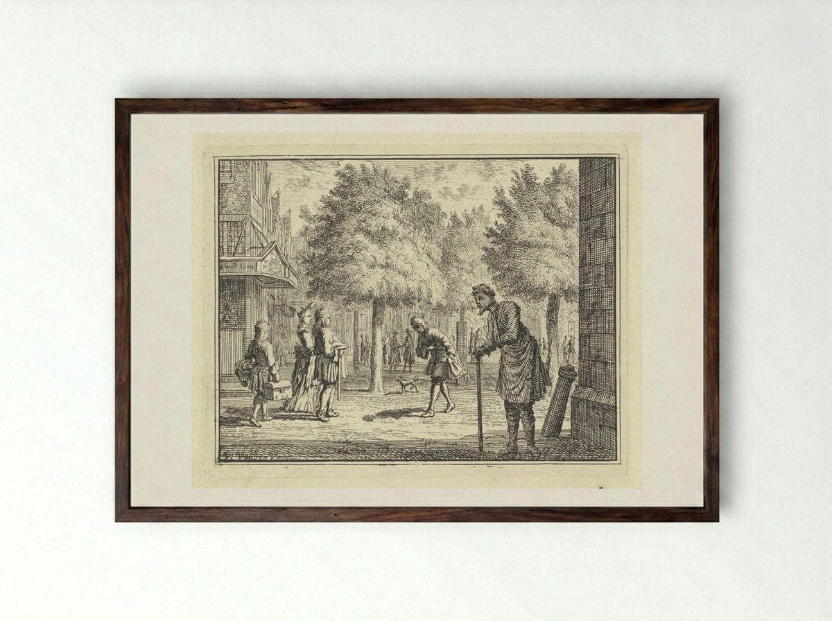 Arme man kijkt naar rijke figuren in een straat - Vincent Laurensz. van der Vinne (II) - Framed Print Dark Wood