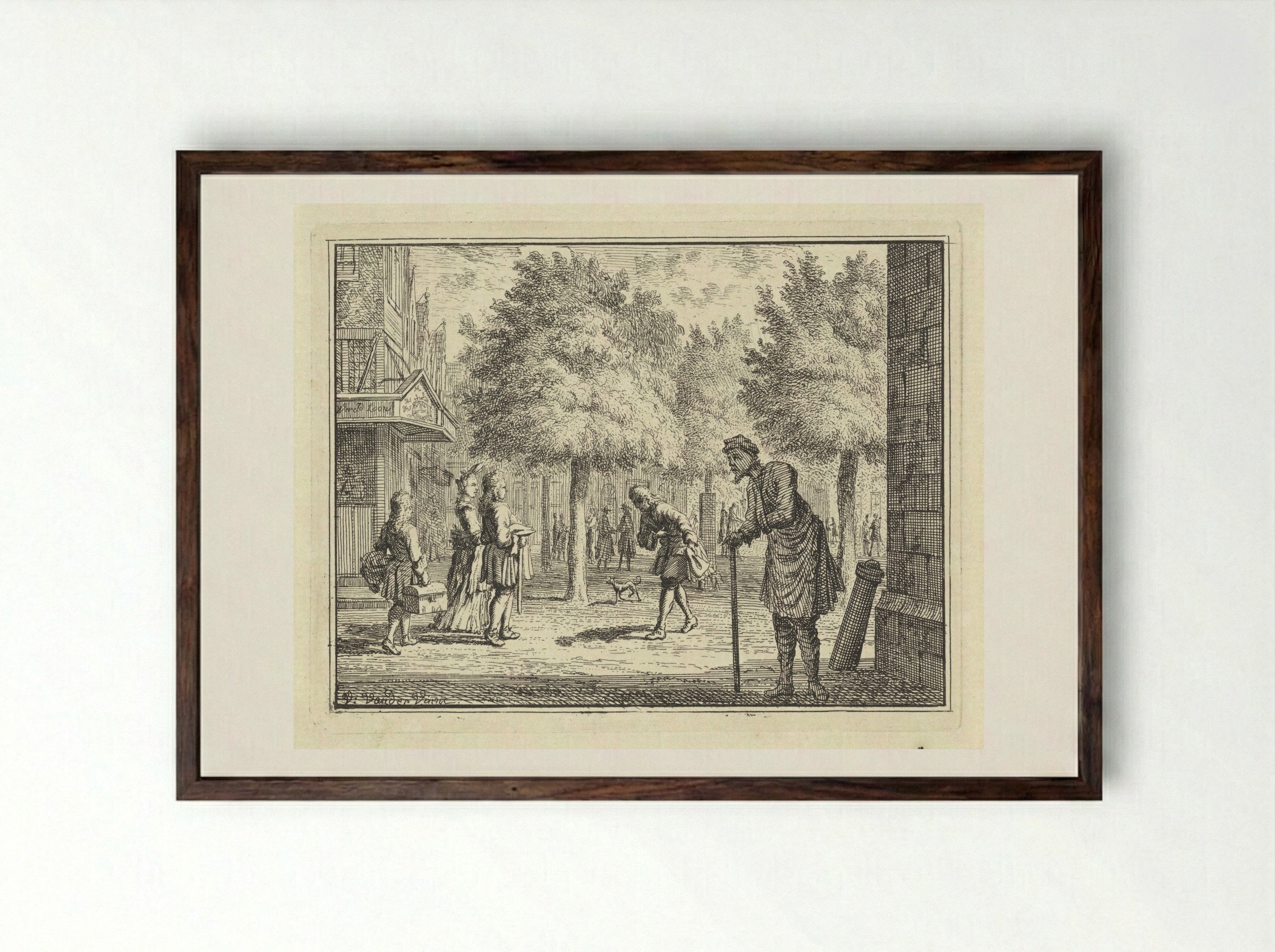 Arme man kijkt naar rijke figuren in een straat - Vincent Laurensz. van der Vinne (II) - Framed Print Dark Wood