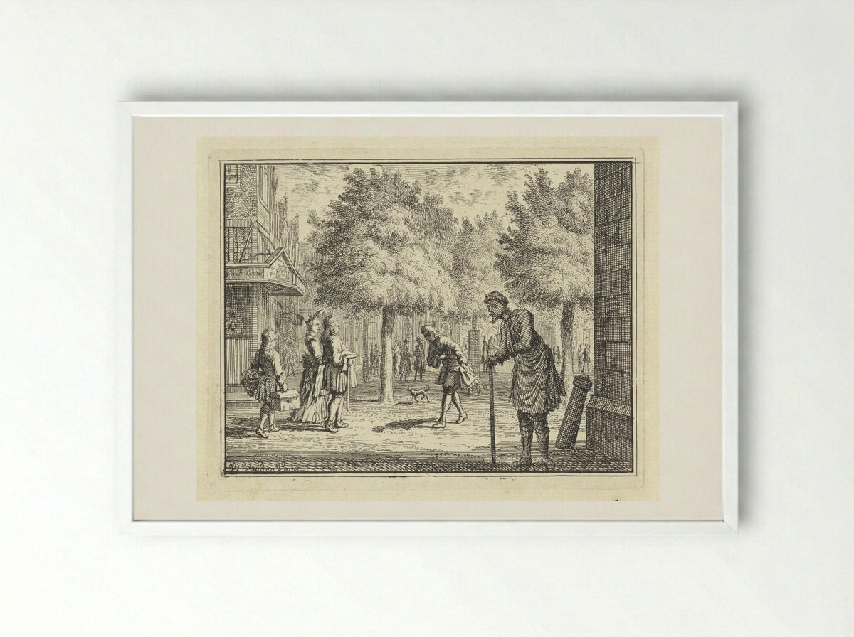 Arme man kijkt naar rijke figuren in een straat - Vincent Laurensz. van der Vinne (II) - Framed Print White