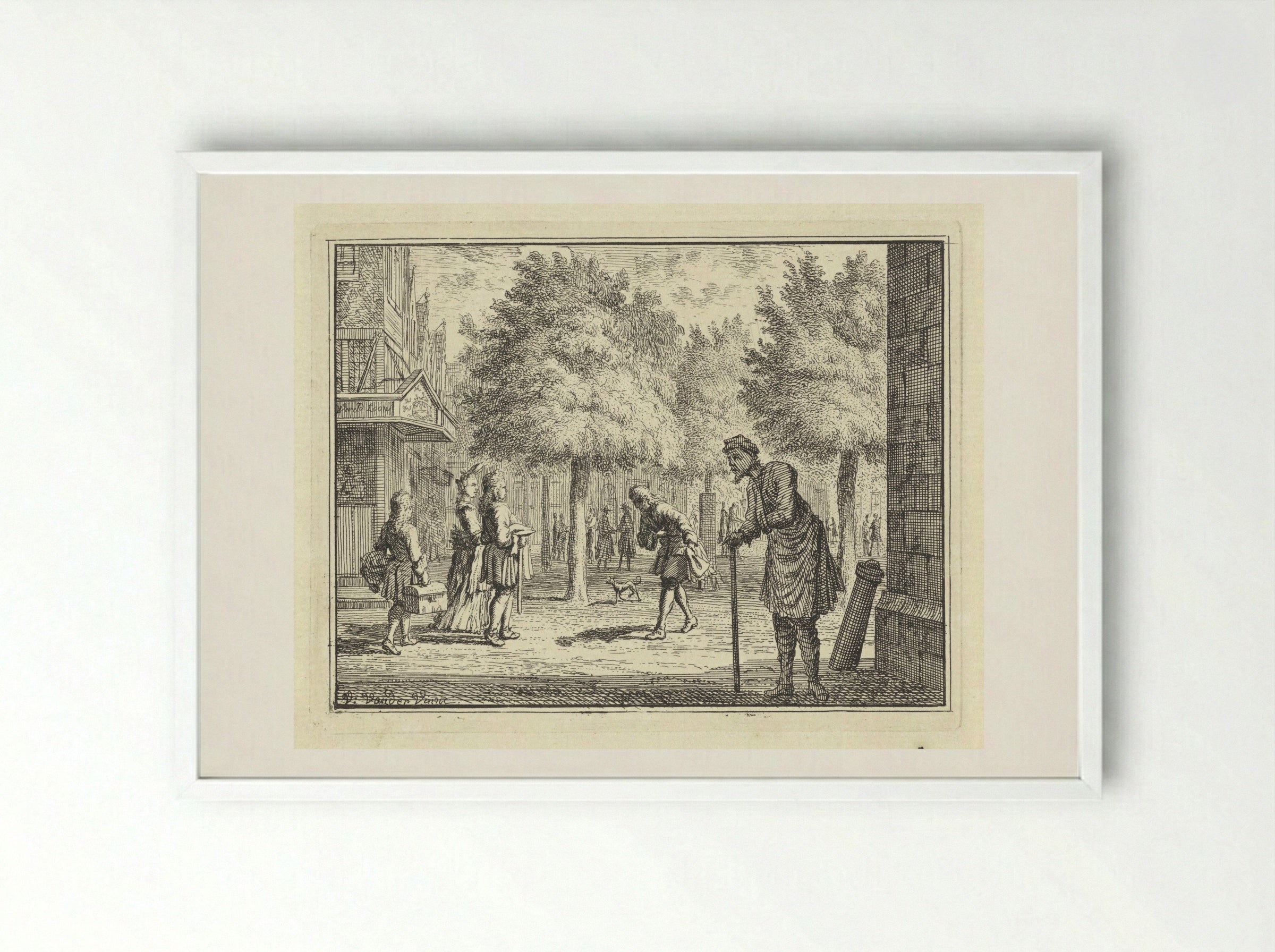 Arme man kijkt naar rijke figuren in een straat - Vincent Laurensz. van der Vinne (II) - Framed Print White