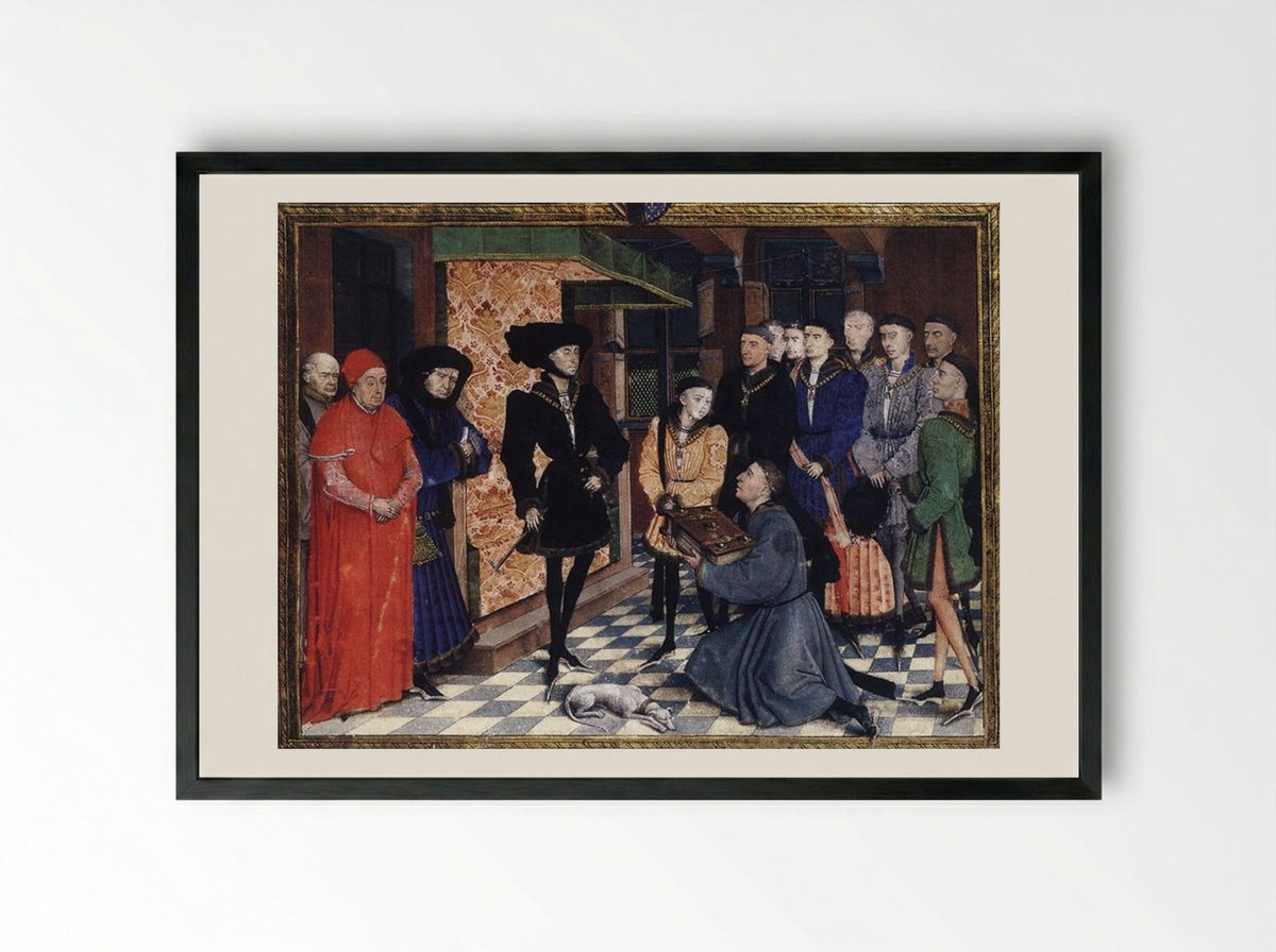 Miniature from the first page of the Chroniques de Hainaut - Rogier van der Weyden - Framed Print Black