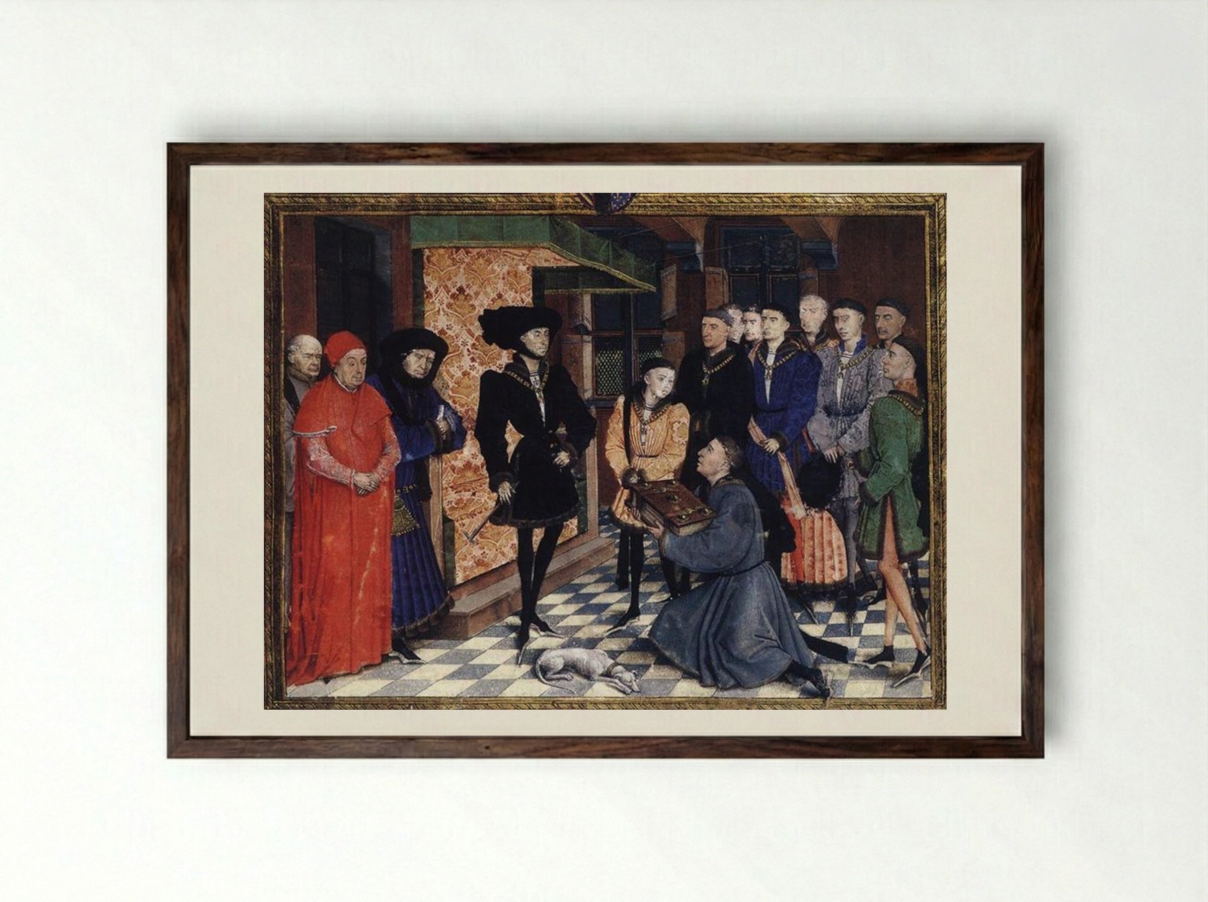 Miniature from the first page of the Chroniques de Hainaut - Rogier van der Weyden - Framed Print Dark Wood