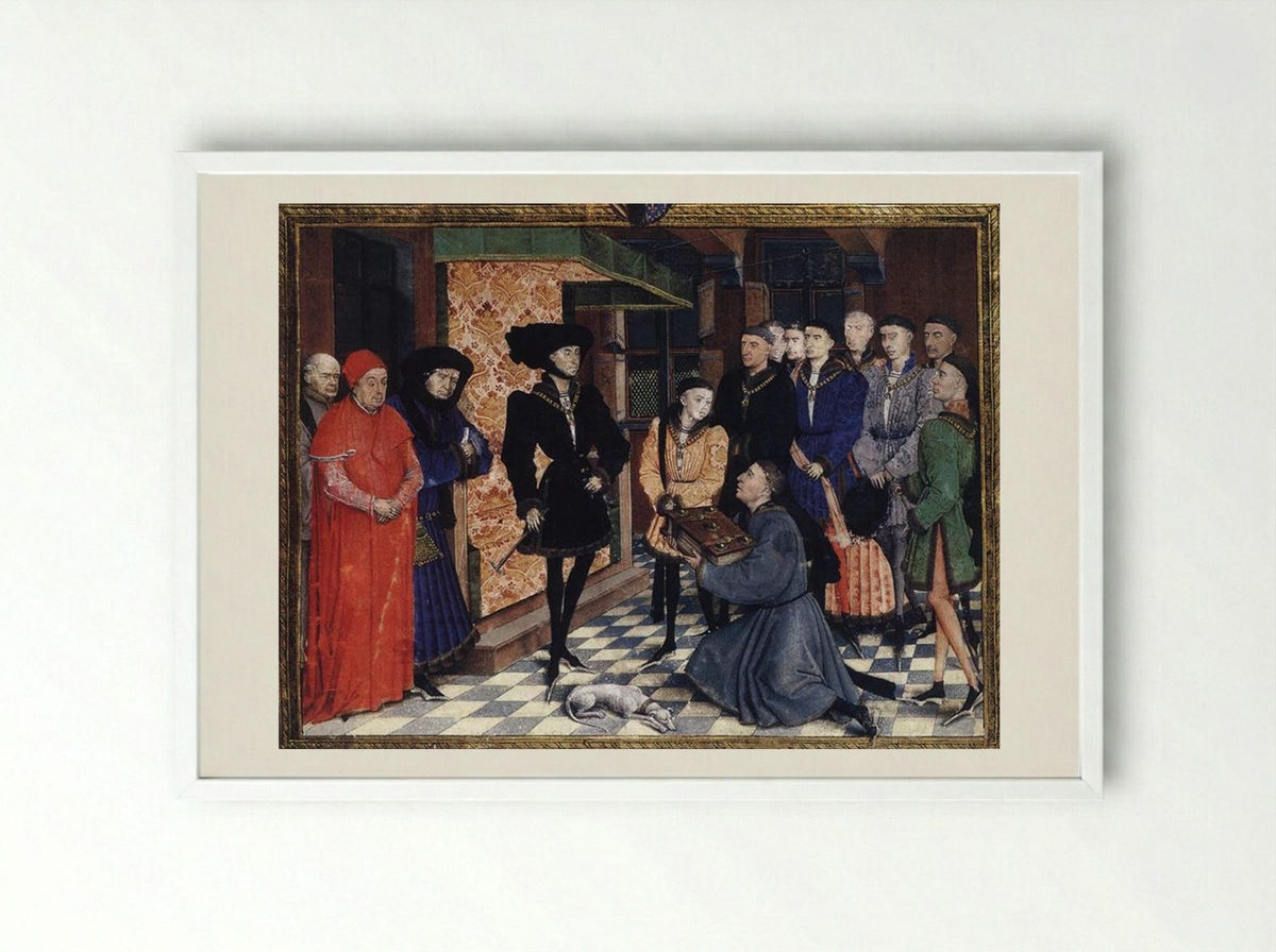 Miniature from the first page of the Chroniques de Hainaut - Rogier van der Weyden - Framed Print White