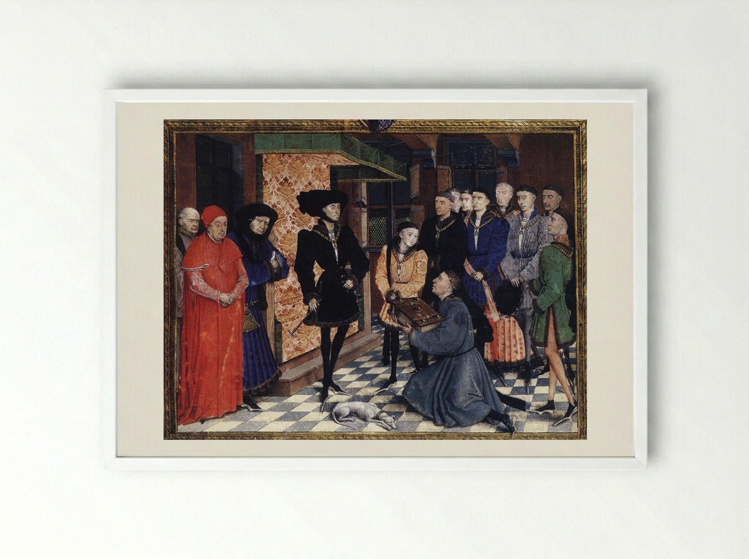Miniature from the first page of the Chroniques de Hainaut - Rogier van der Weyden - Framed Print White