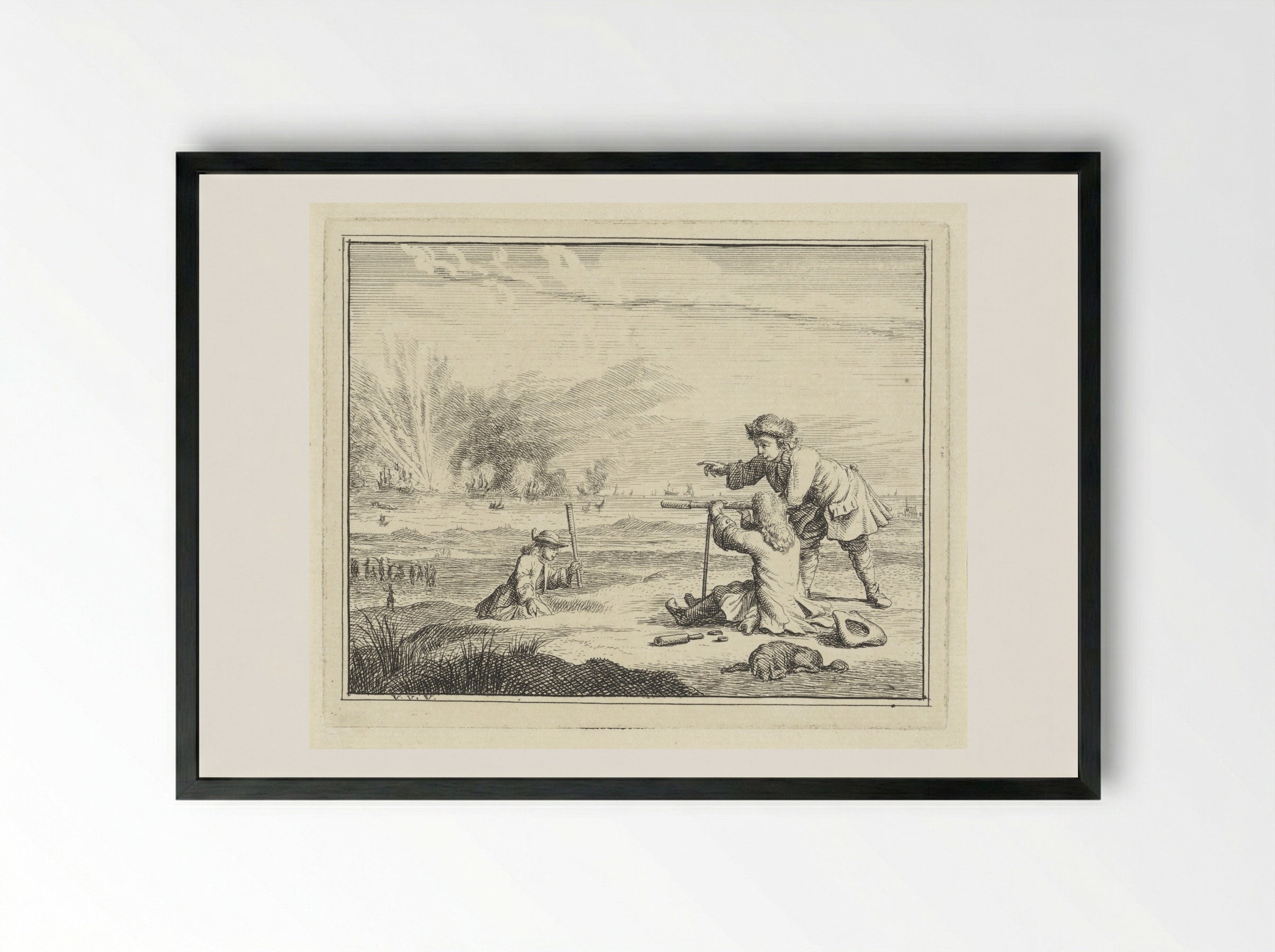 Figuren met een verrekijker slaan een zeeslag gade - Vincent Laurensz. van der Vinne (II) - Framed Print Black