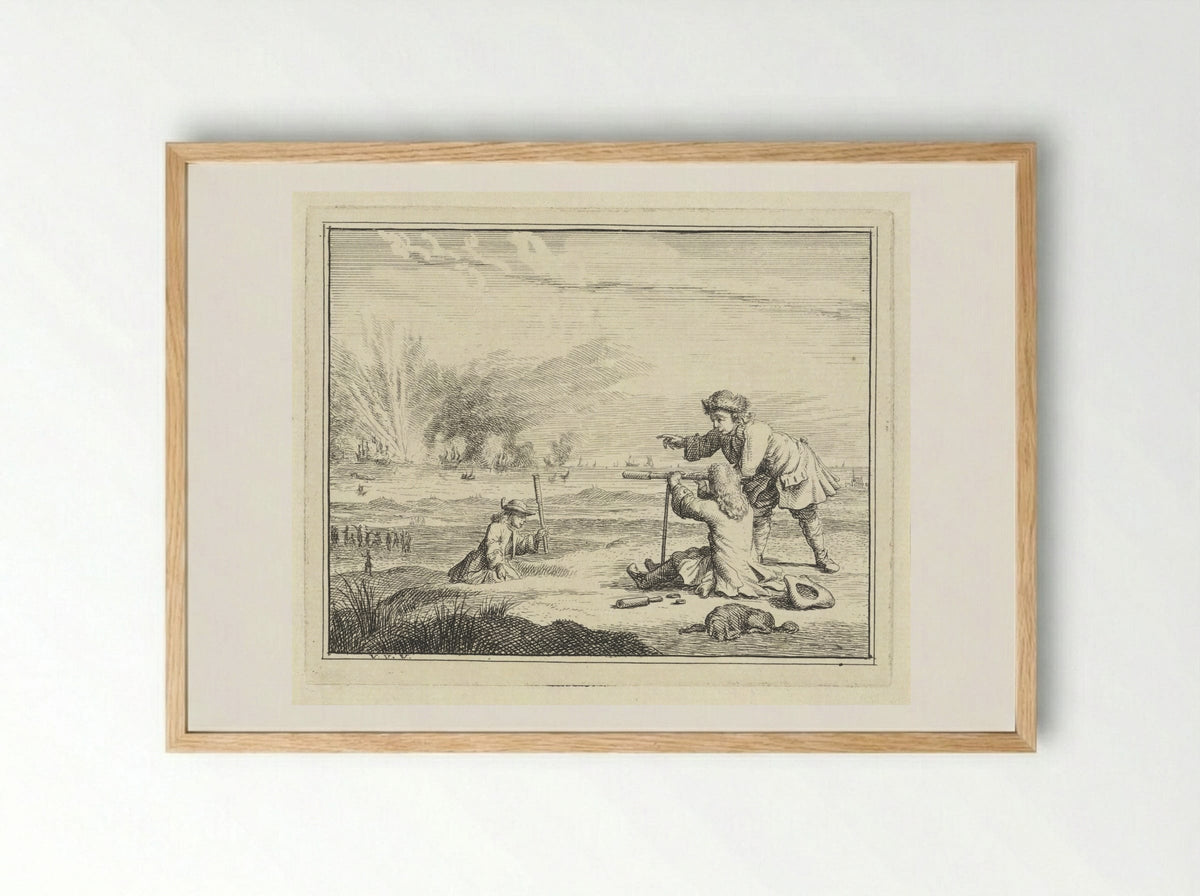 Figuren met een verrekijker slaan een zeeslag gade - Vincent Laurensz. van der Vinne (II) - Framed Print Wood