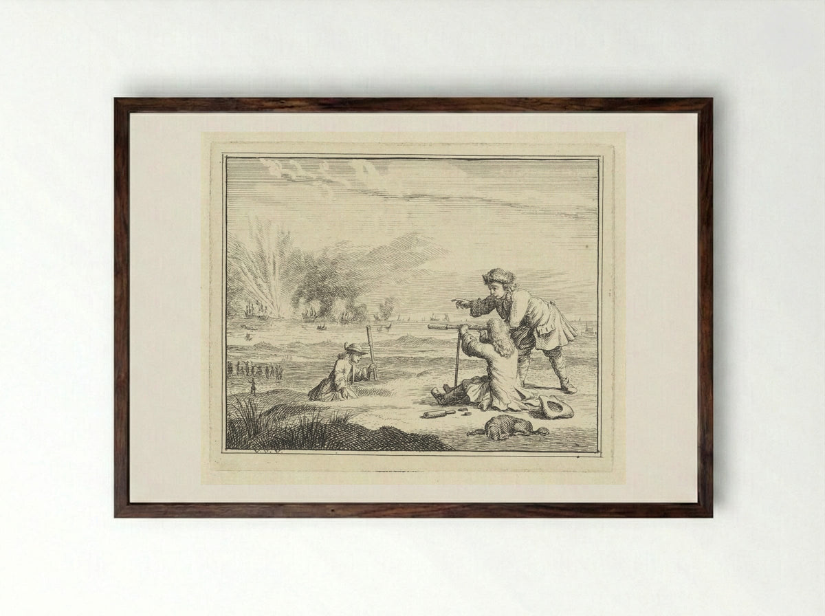 Figuren met een verrekijker slaan een zeeslag gade - Vincent Laurensz. van der Vinne (II) - Framed Print Dark Wood
