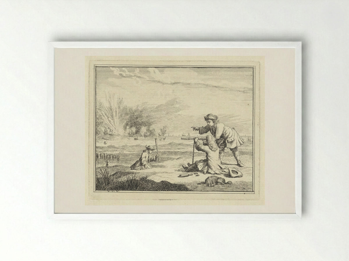 Figuren met een verrekijker slaan een zeeslag gade - Vincent Laurensz. van der Vinne (II) - Framed Print White