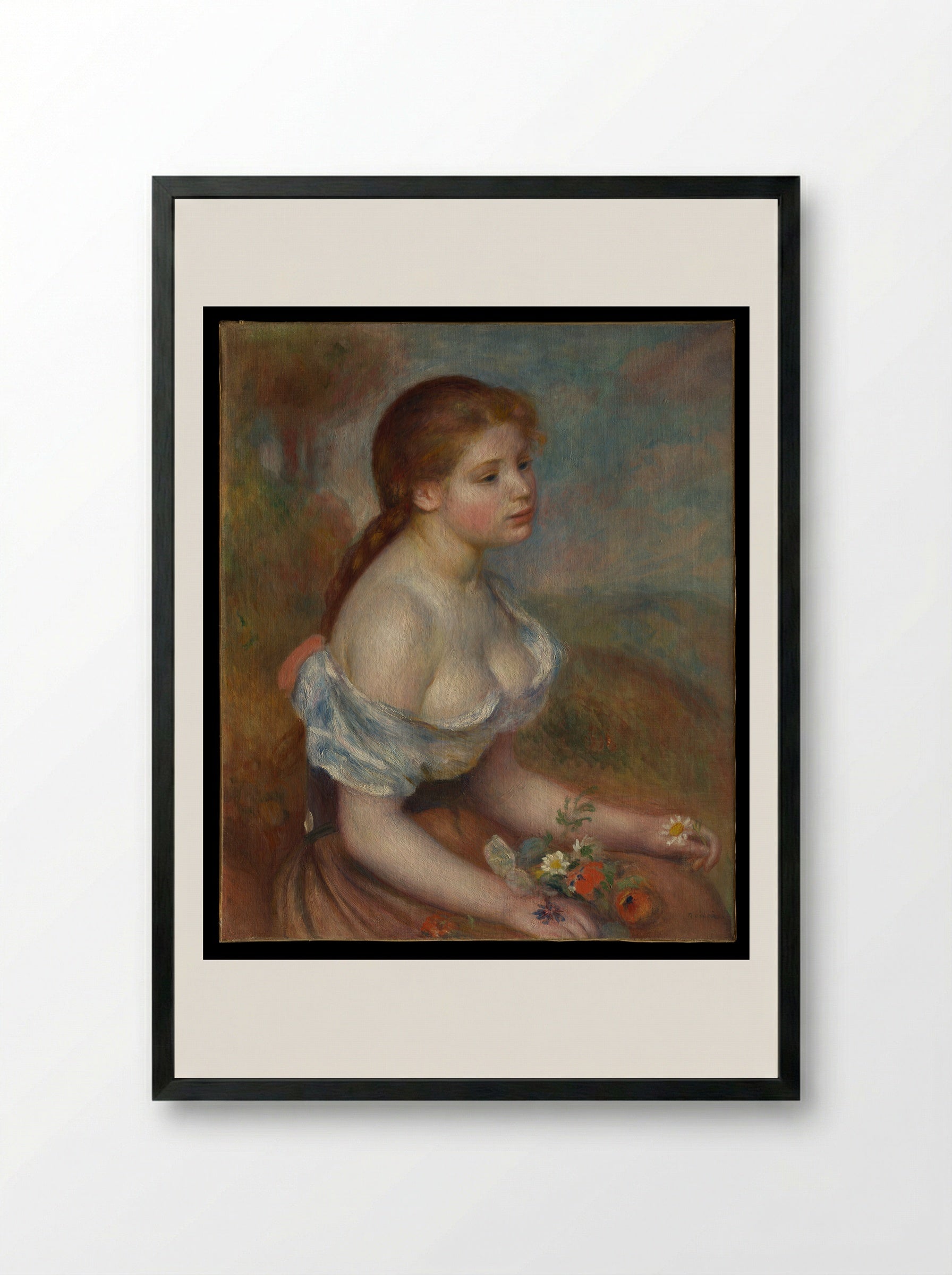 A Young Girl with Daisies - Auguste Renoir - Framed Print Black