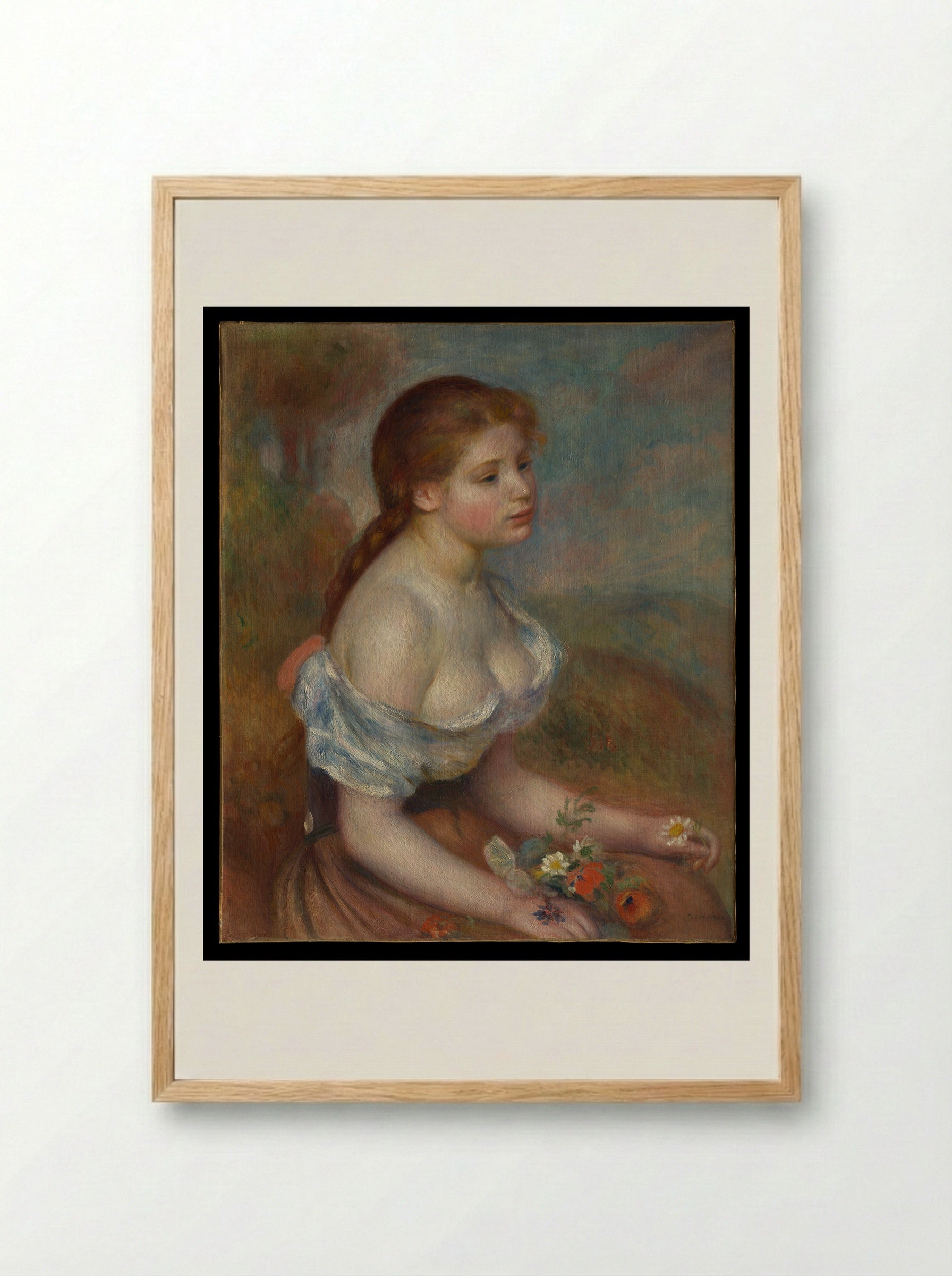 A Young Girl with Daisies - Auguste Renoir - Framed Print Wood