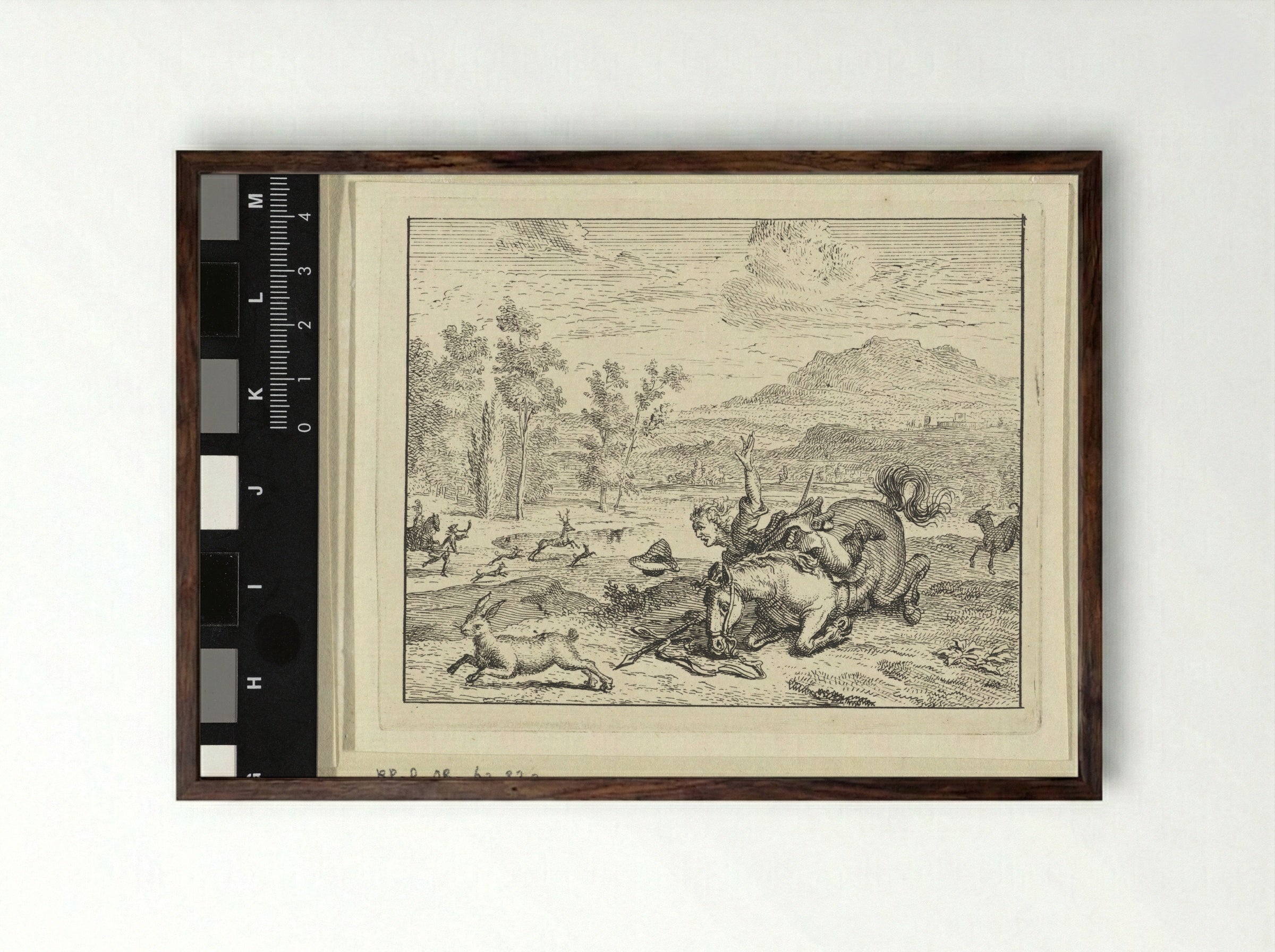 Jager valt van zijn paard (Hunter Falling from his Horse) - Vincent Laurensz. van der Vinne (II) - Framed Print Dark Wood