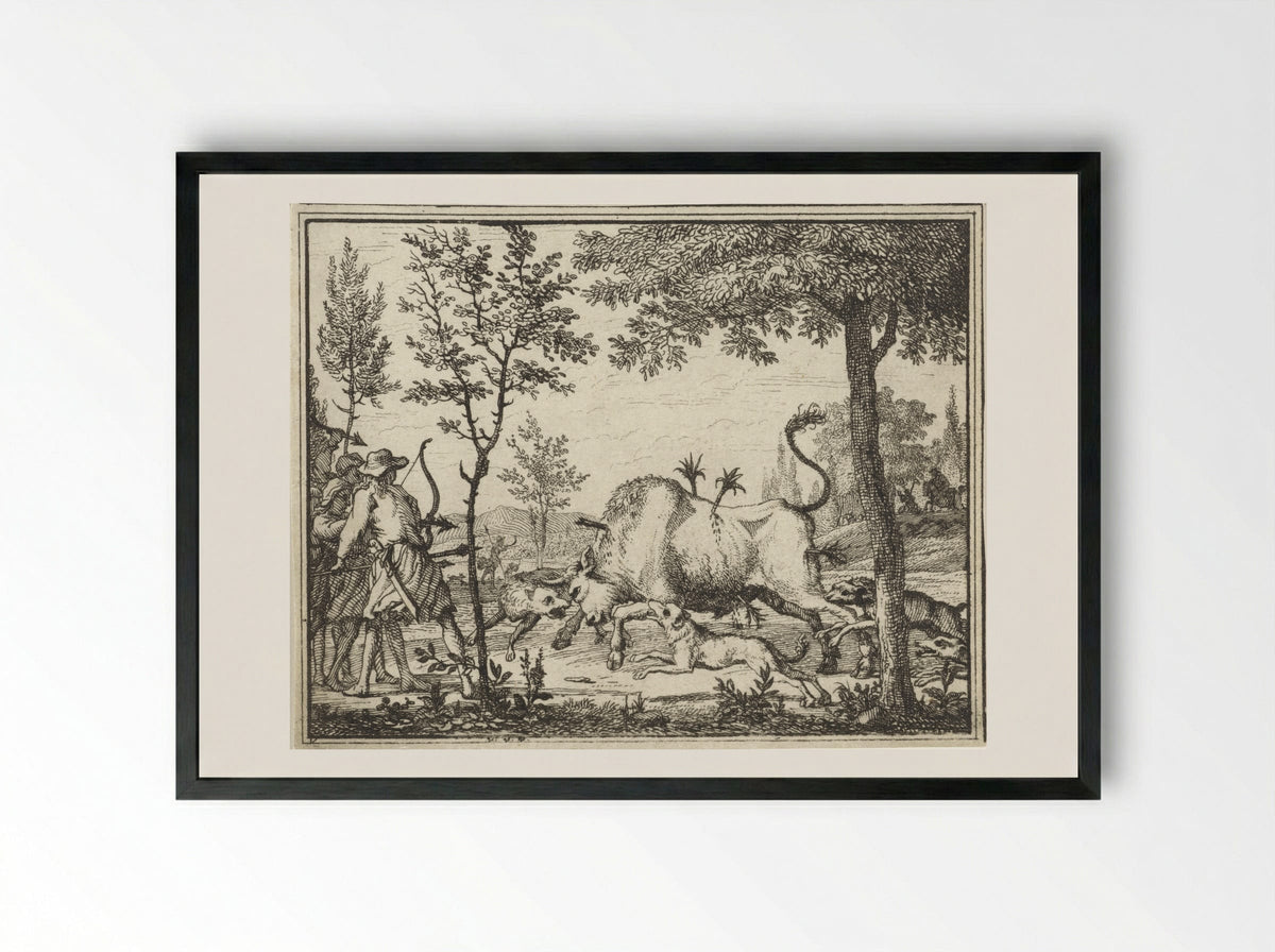 Hunters with Dogs Shooting Arrows at a Bull - Vincent Laurensz. van der Vinne (II) - Framed Print Black