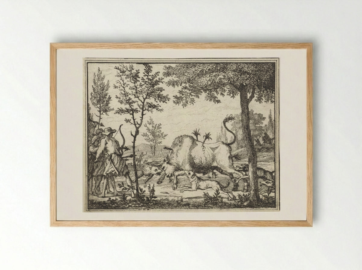 Hunters with Dogs Shooting Arrows at a Bull - Vincent Laurensz. van der Vinne (II) - Framed Print Wood