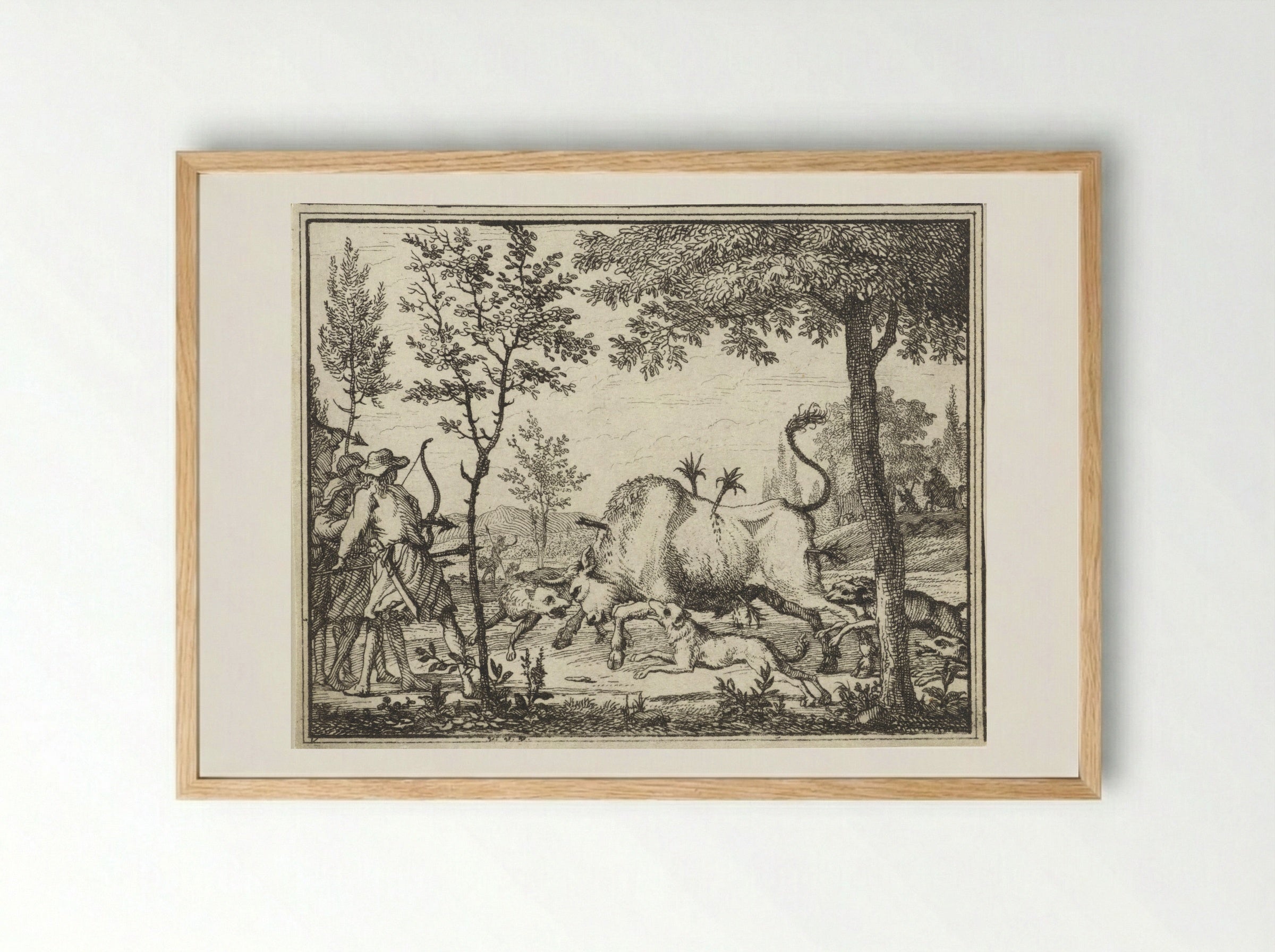 Hunters with Dogs Shooting Arrows at a Bull - Vincent Laurensz. van der Vinne (II) - Framed Print Wood