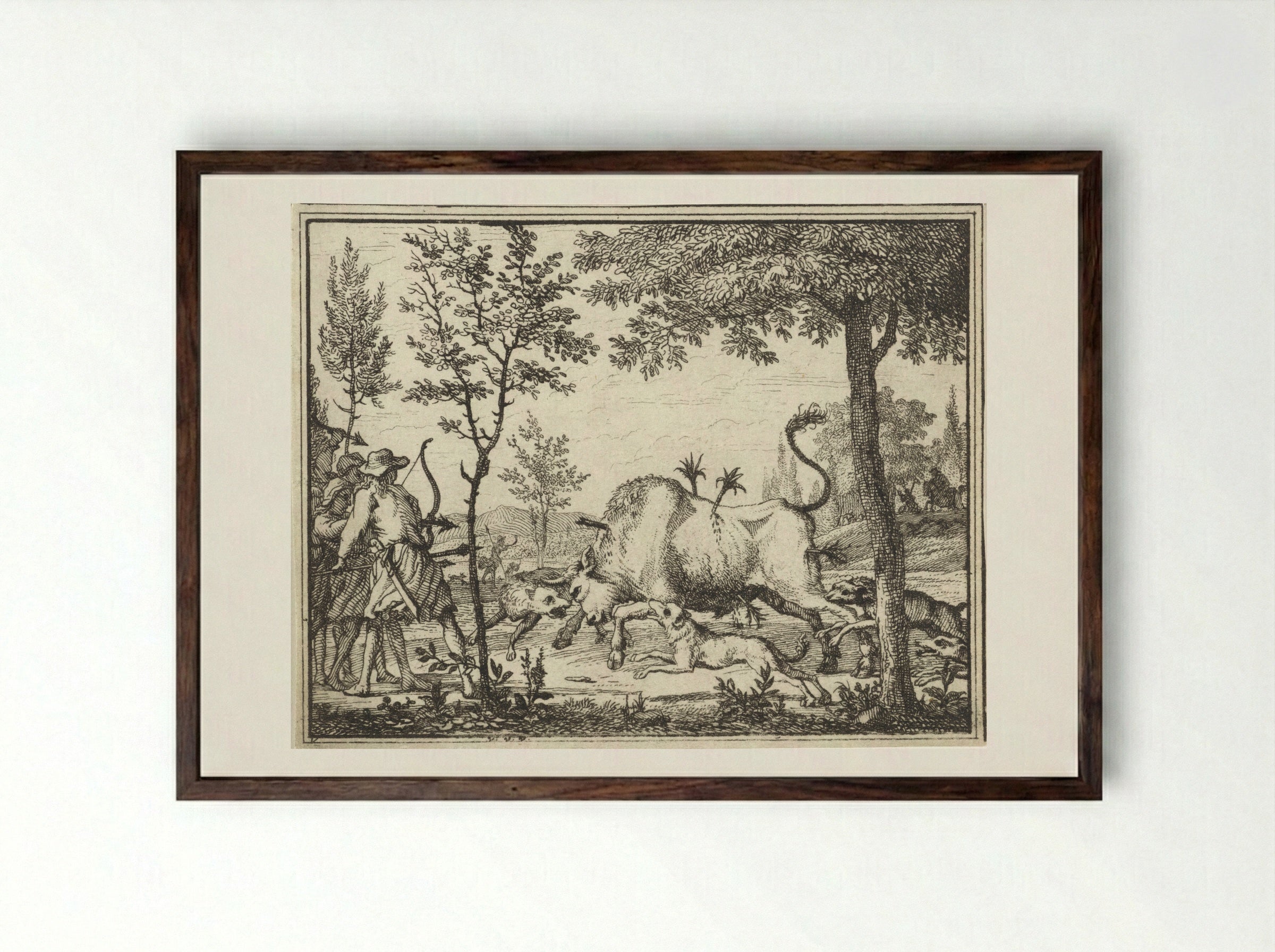 Hunters with Dogs Shooting Arrows at a Bull - Vincent Laurensz. van der Vinne (II) - Framed Print Dark Wood