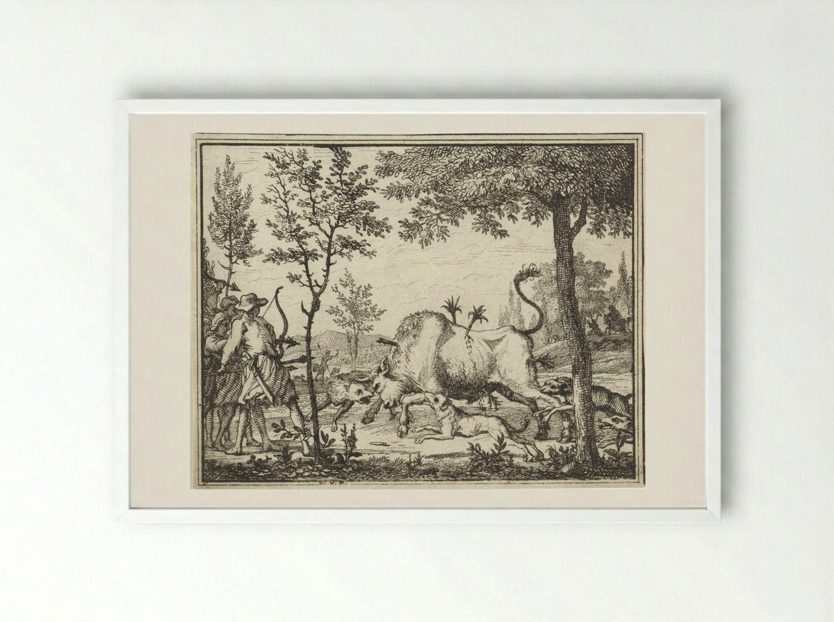 Hunters with Dogs Shooting Arrows at a Bull - Vincent Laurensz. van der Vinne (II) - Framed Print White