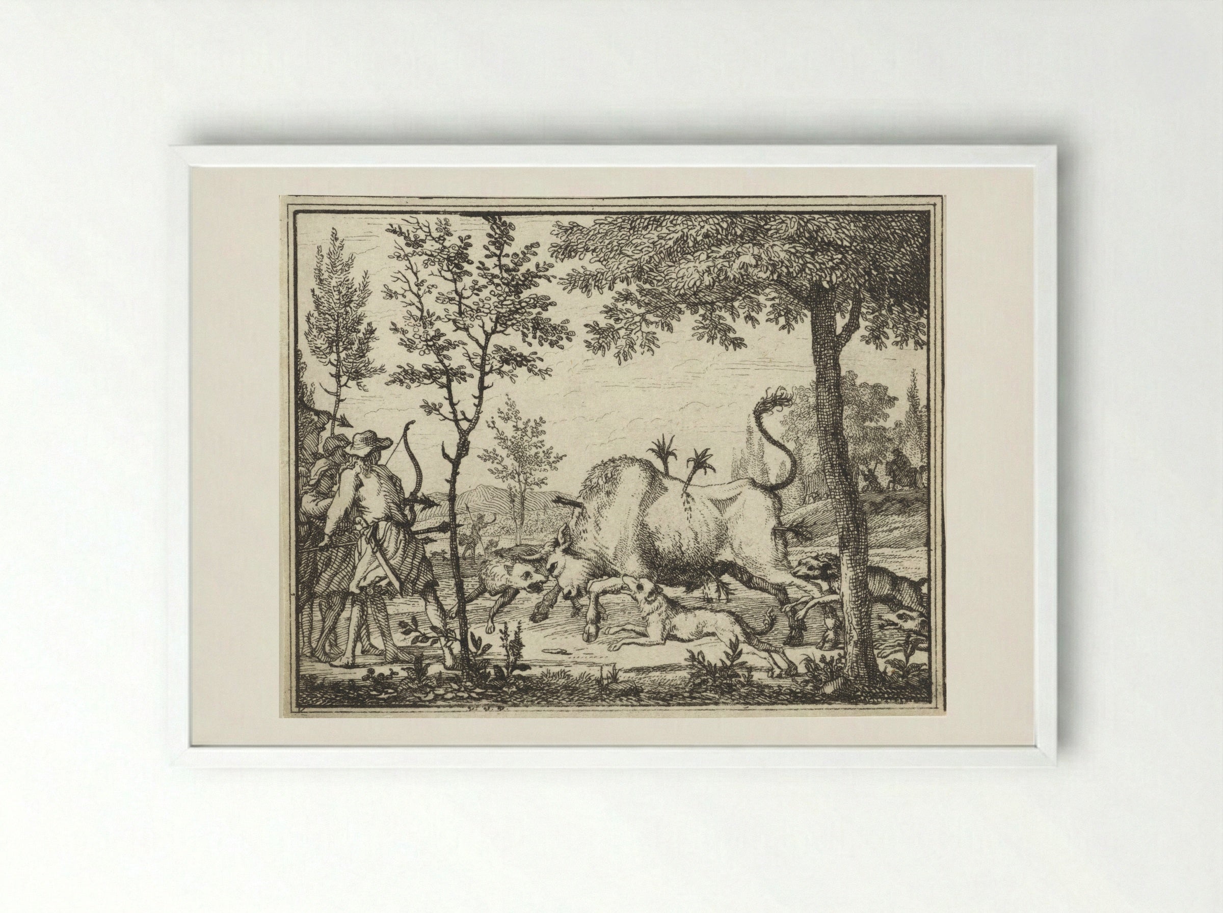 Hunters with Dogs Shooting Arrows at a Bull - Vincent Laurensz. van der Vinne (II) - Framed Print White