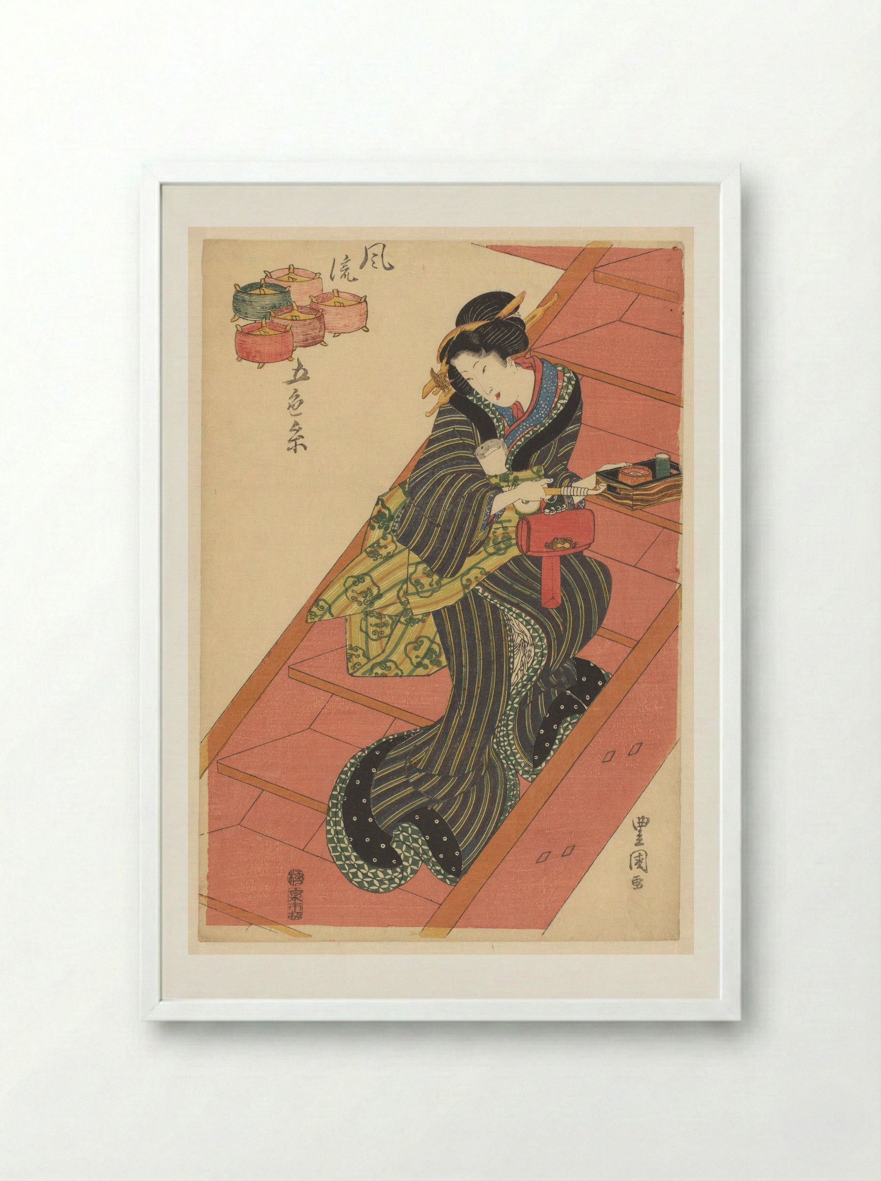 Courtesan on Stairs - Utagawa Toyokuni I - Framed Print White