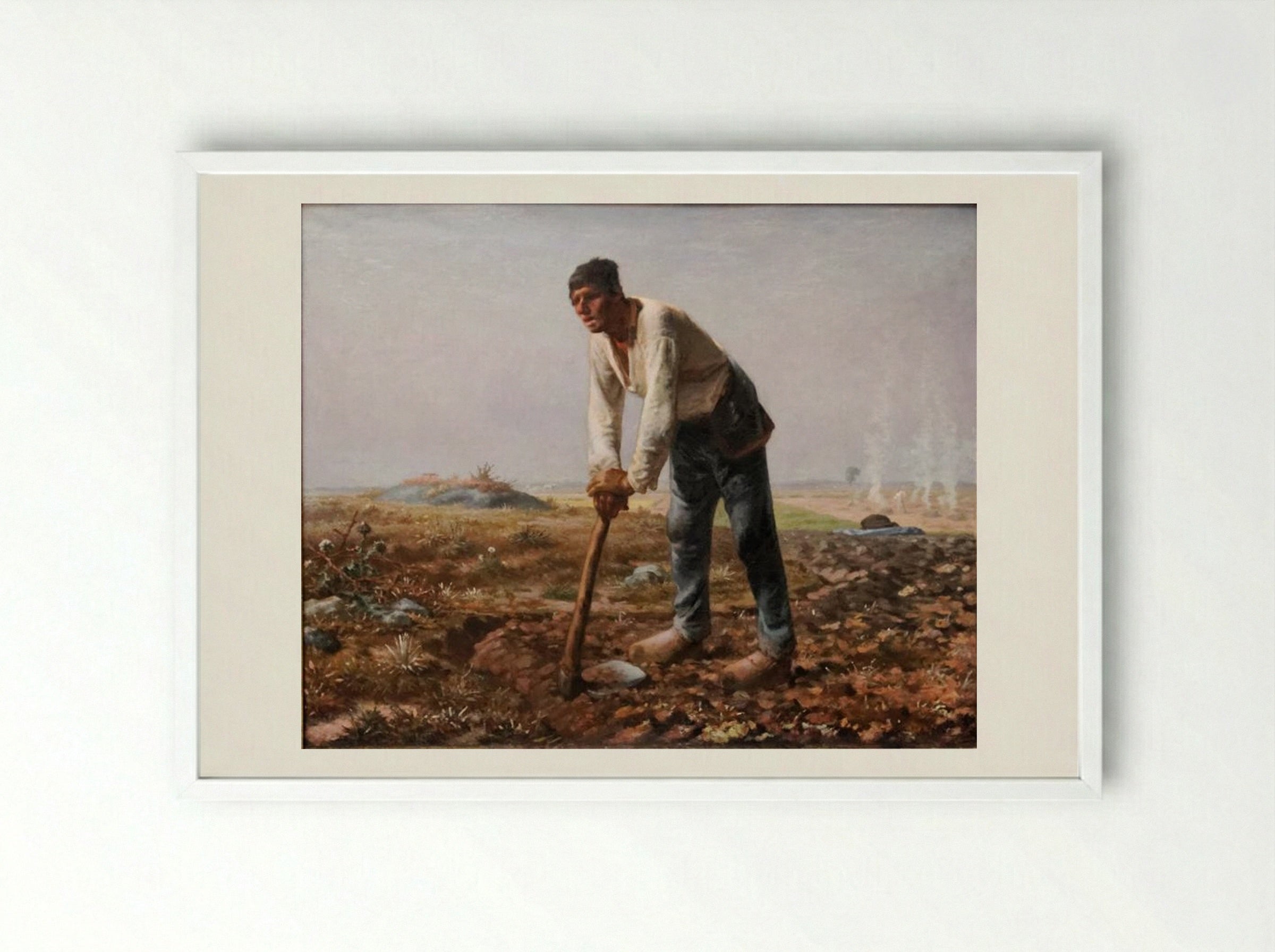 The Man with the Hoe - Jean-François Millet - Framed Print White