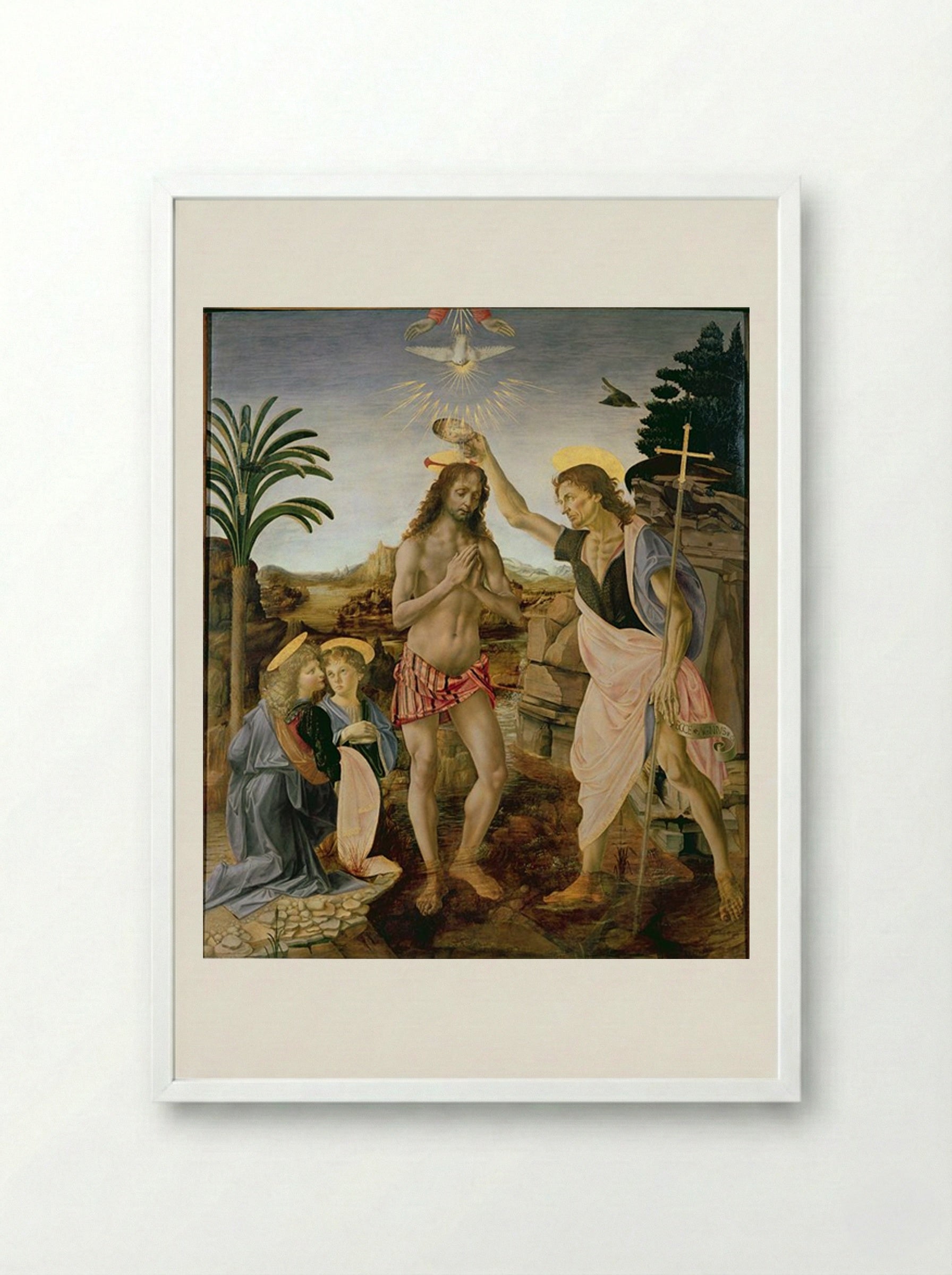 The Baptism of Christ - Andrea del Verrocchio and Leonardo da Vinci - Framed Print White
