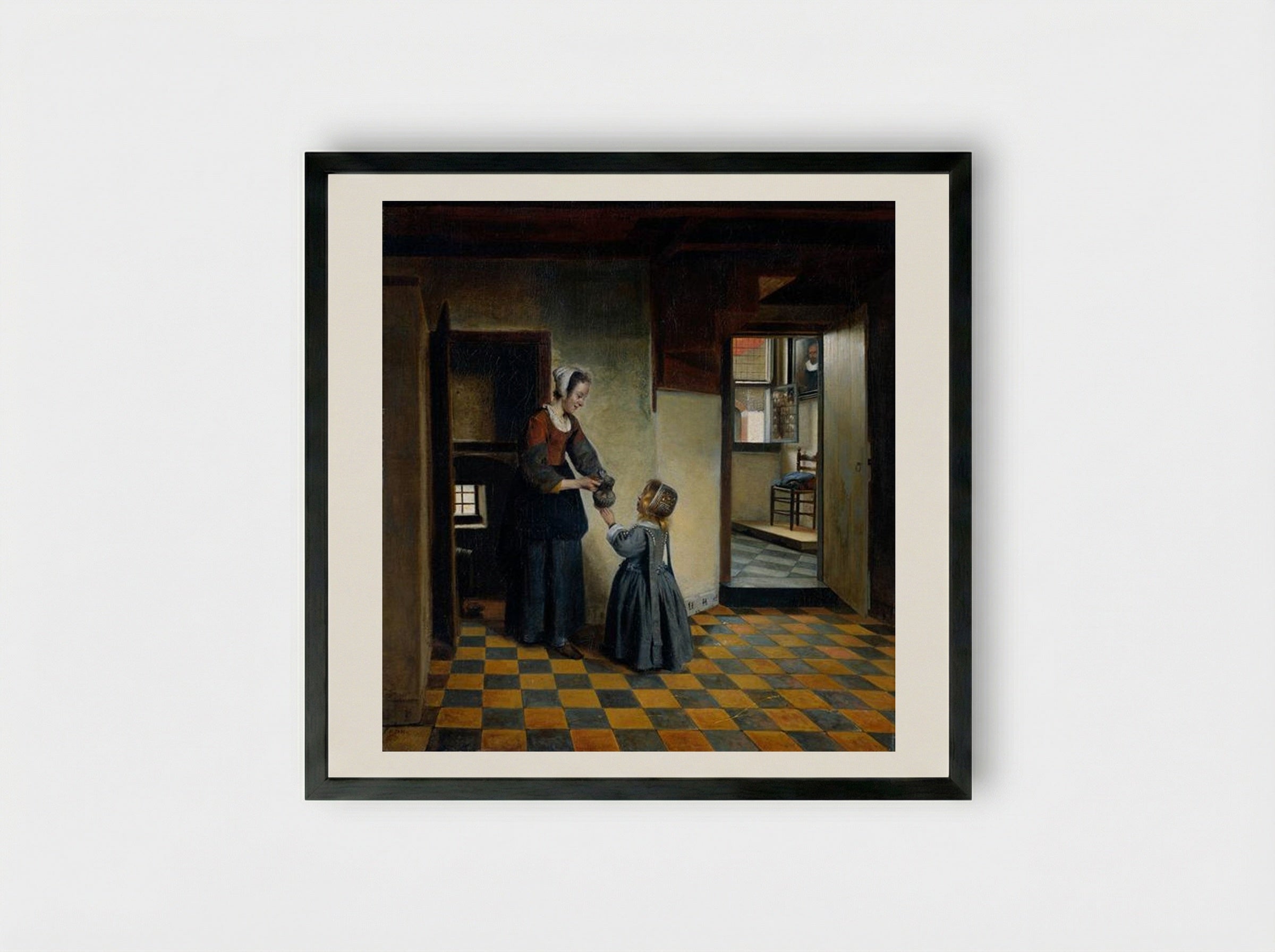 Woman and a Child in a Pantry - Pieter de Hooch - Framed Print Black