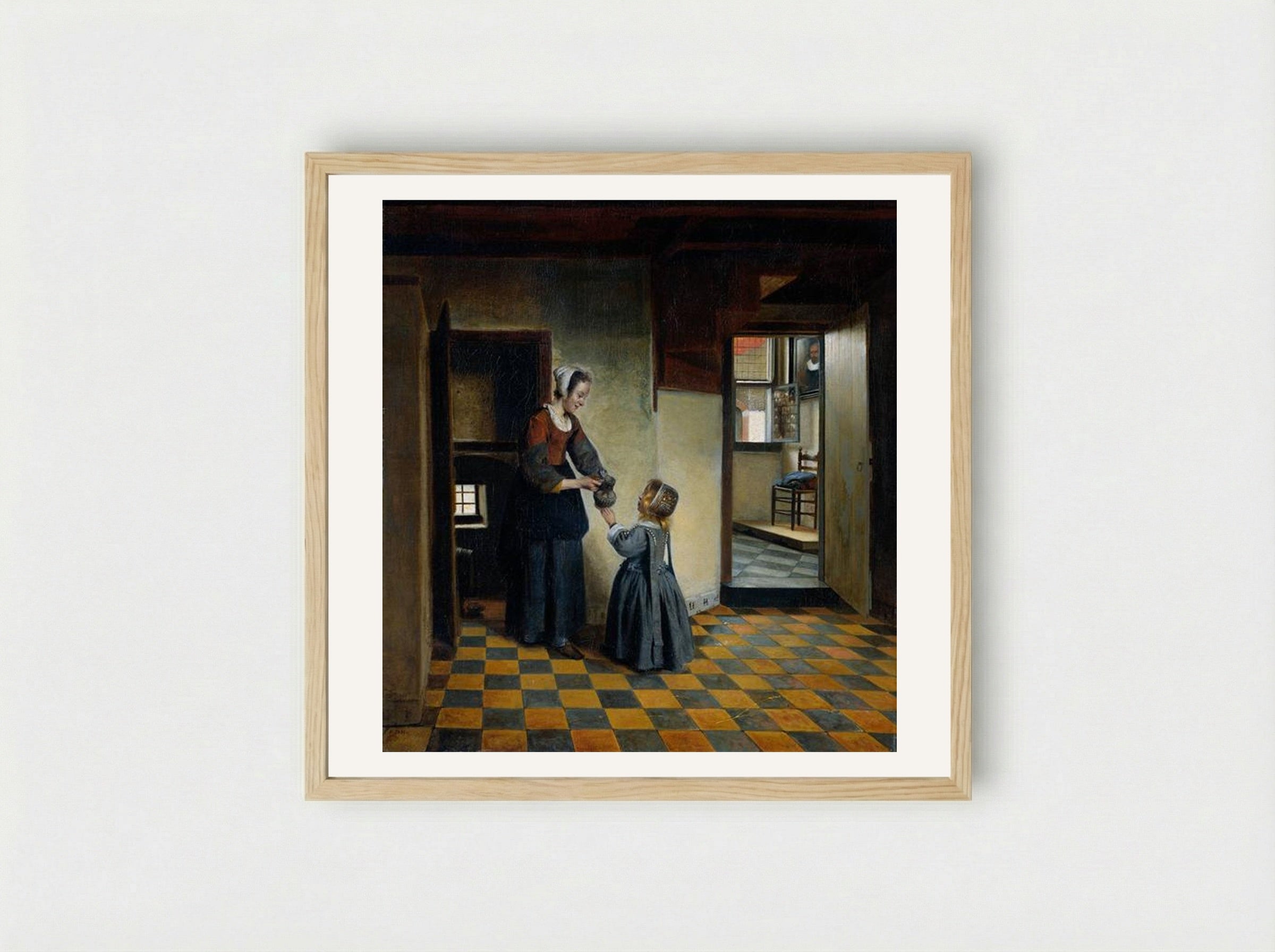 Woman and a Child in a Pantry - Pieter de Hooch - Framed Print Wood