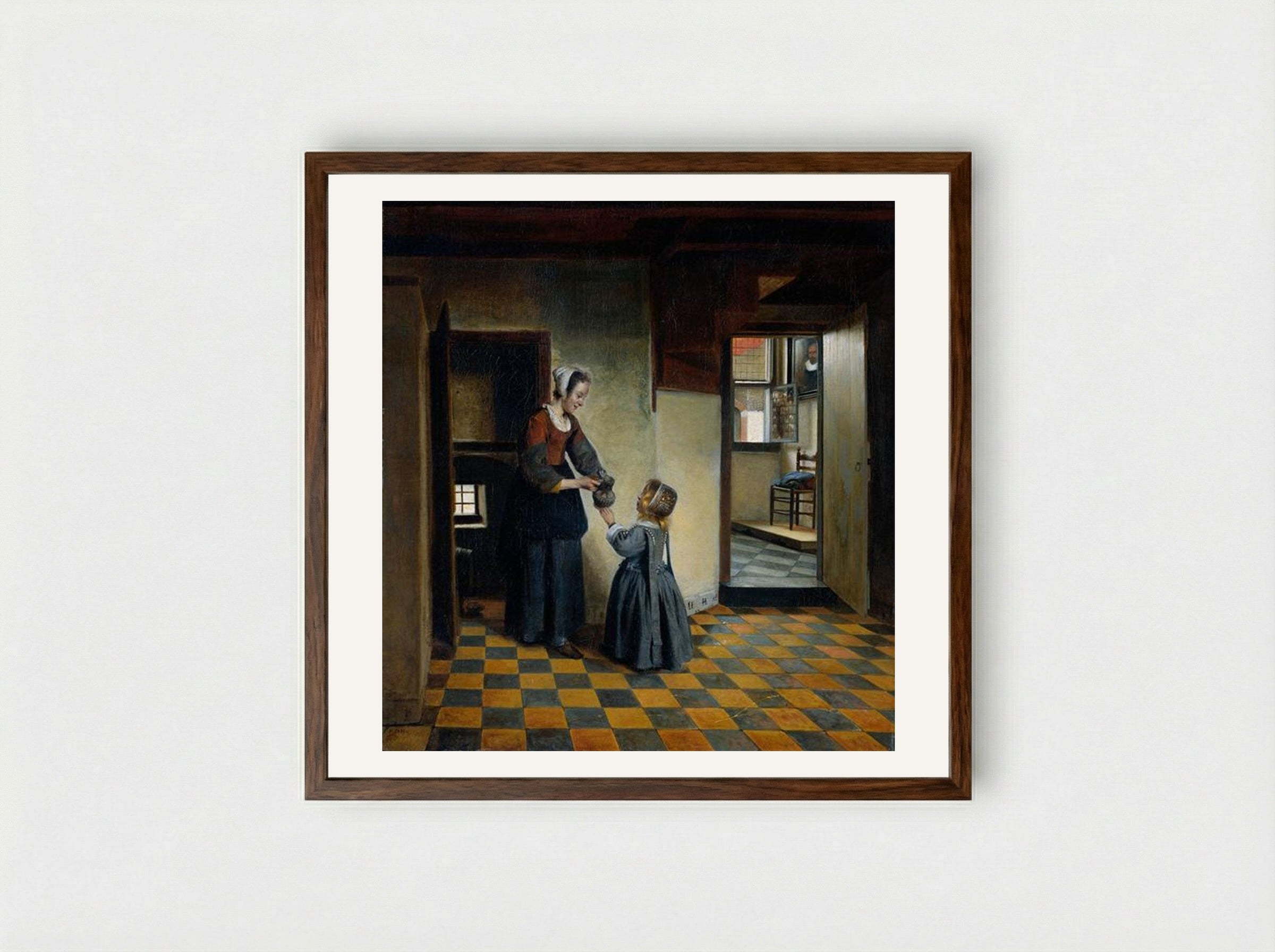 Woman and a Child in a Pantry - Pieter de Hooch - Framed Print Dark Wood