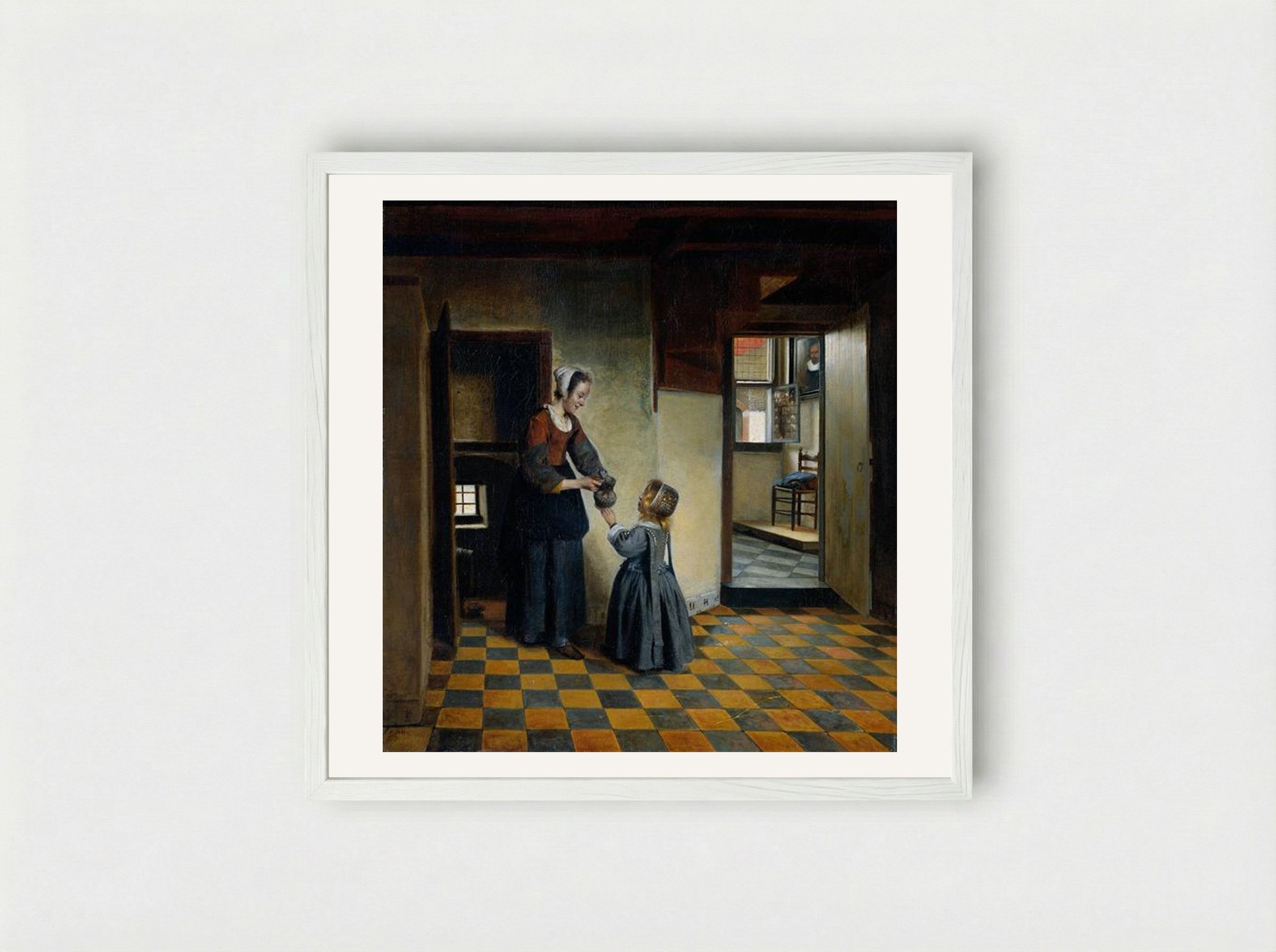 Woman and a Child in a Pantry - Pieter de Hooch - Framed Print White