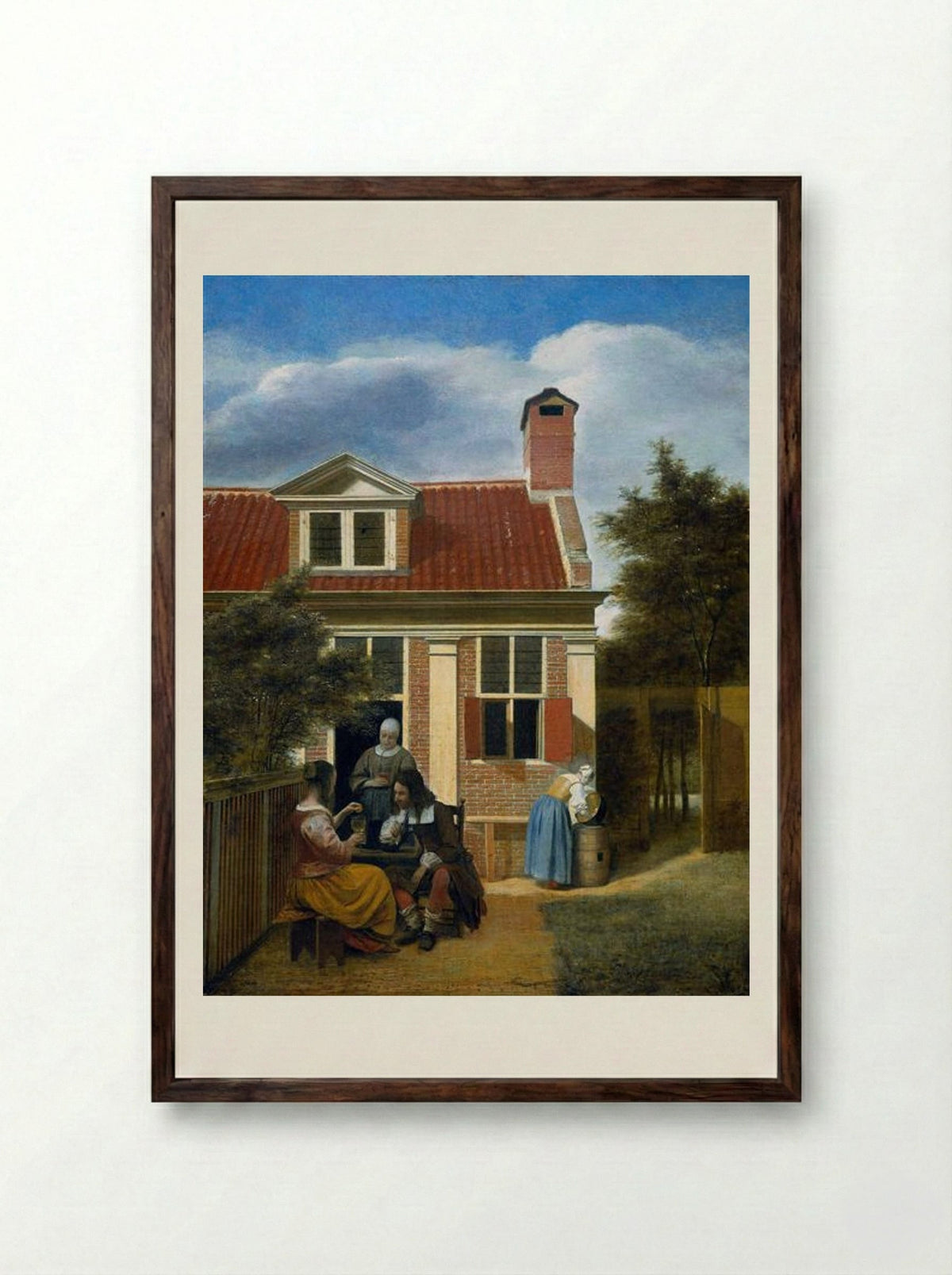 Company in a Garden - Pieter de Hooch - Framed Print Dark Wood