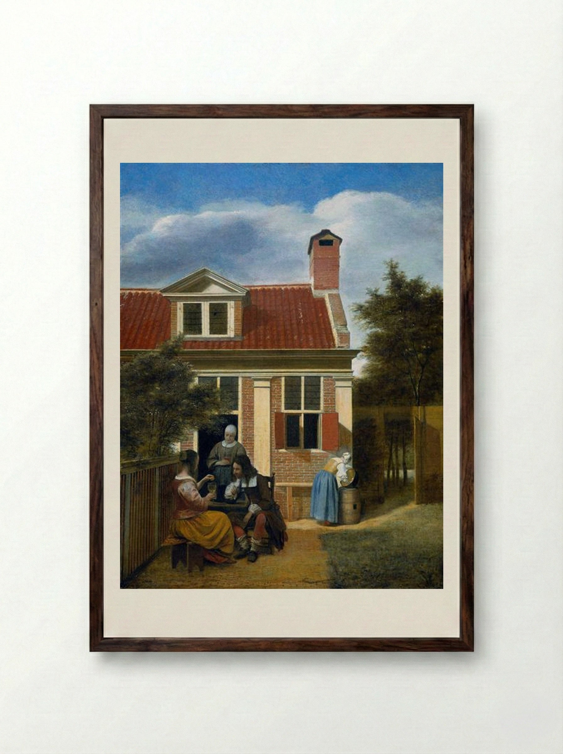 Company in a Garden - Pieter de Hooch - Framed Print Dark Wood